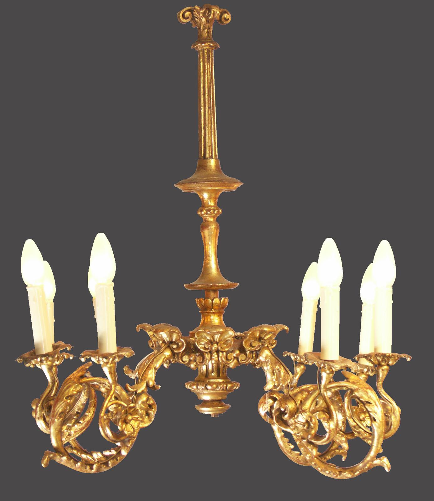 Hand-Crafted Wooden Carved/Gilded Baroque Chandelier, 1920s Original of the Time, Restored For Sale