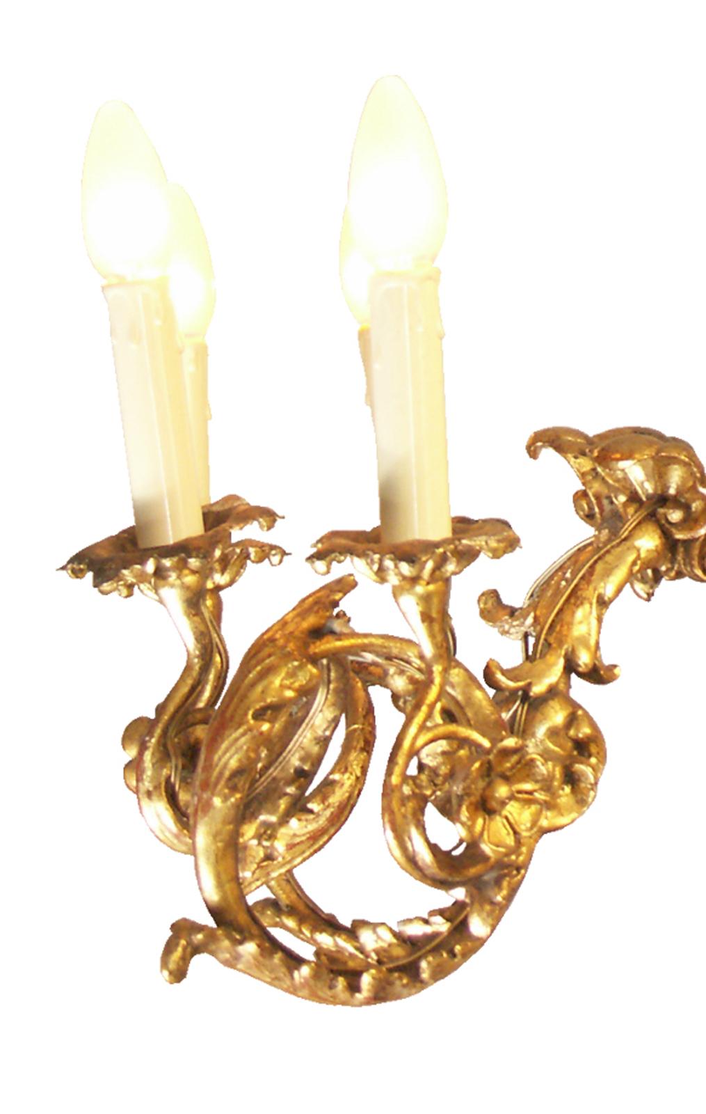 20th Century Wooden Carved/Gilded Baroque Chandelier, 1920s Original of the Time, Restored For Sale