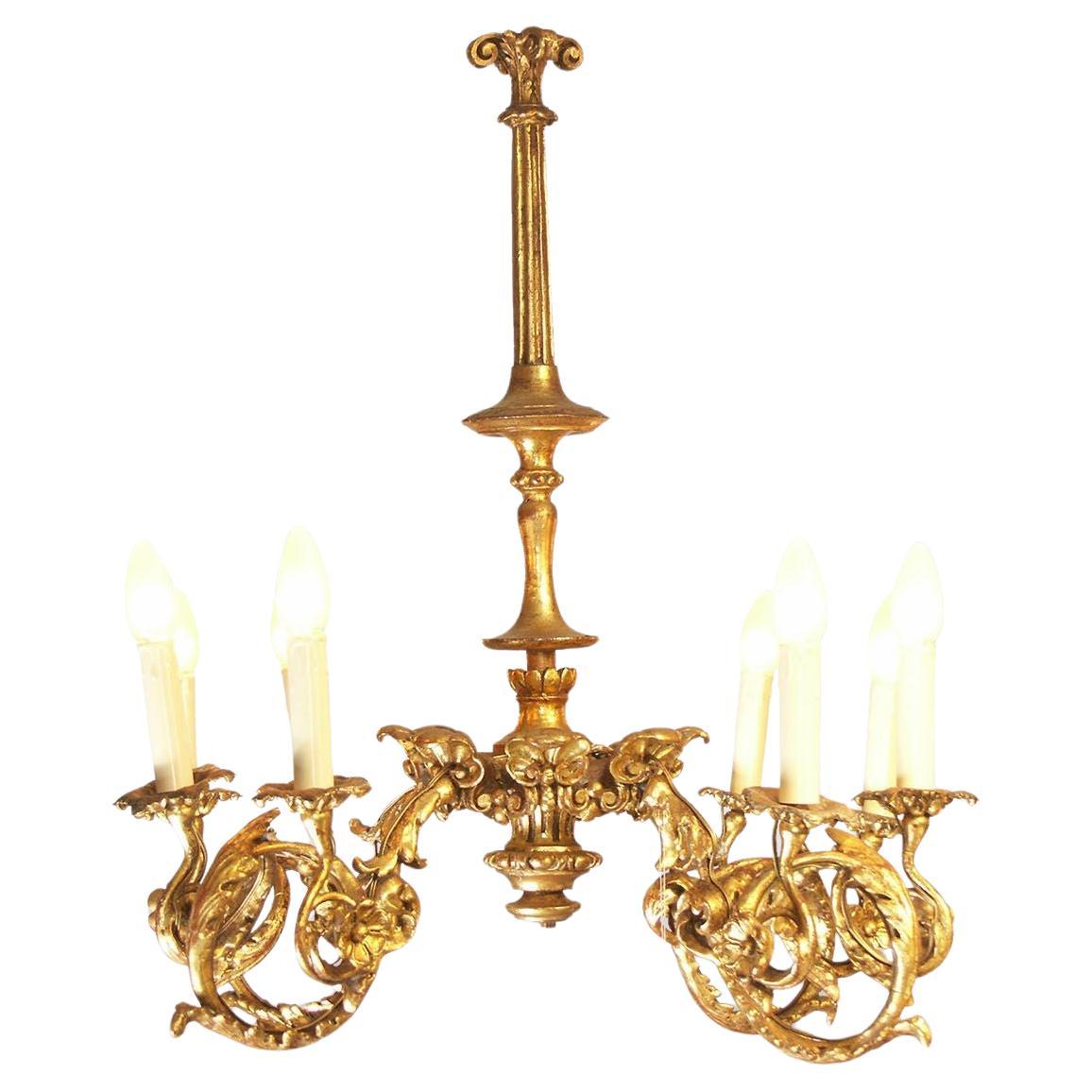 Lampadario barocco in legno intagliato e dorato, originale dell'epoca degli anni '20, restaurato