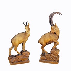 Wooden Carved Ibex and Chamois Sculptures attr. to Rudolf Heissl jr. ca. 1960s