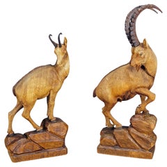 Vintage Wooden Carved Ibex and Chamois Sculptures attr. to Rudolf Heissl jr. ca. 1960s