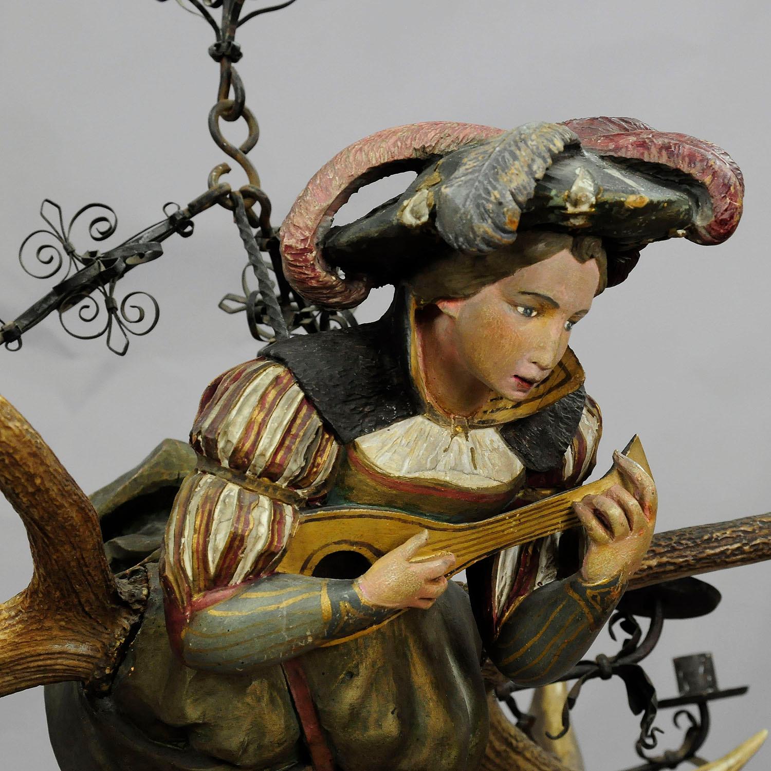 Black Forest Wooden Carved Lüsterweibchen of a Lute Playing Lady