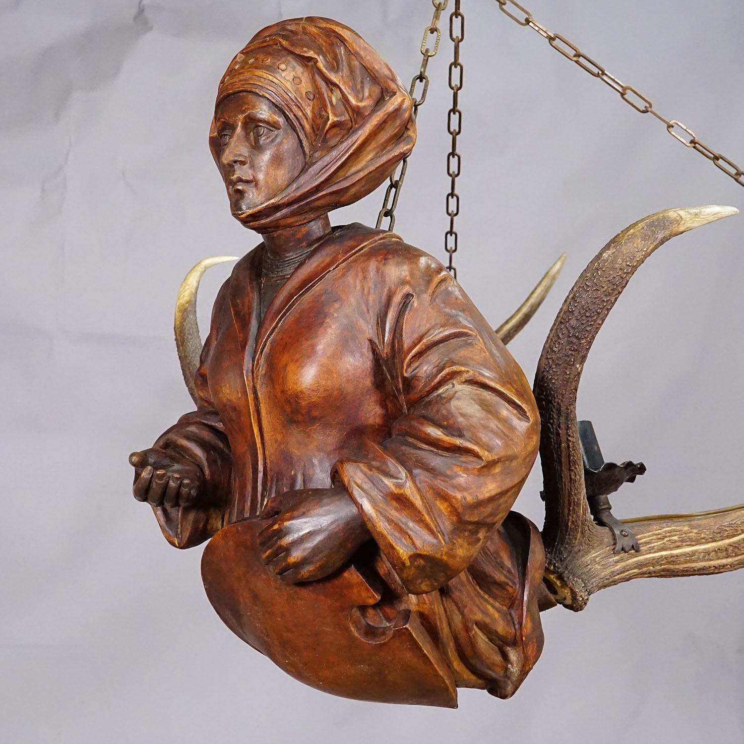Hand-Carved Wooden Carved Lusterweibchen of a Medieval Noble Lady ca. 1890