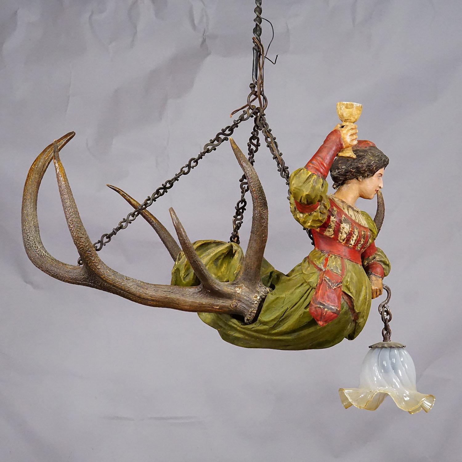Metal Wooden Carved Lusterweibchen of a Medieval Noble Lady ca. 1900 For Sale