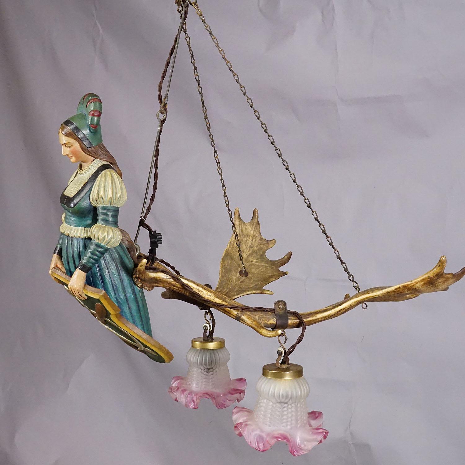 German Wooden Carved Lusterweibchen of a Medieval Noble Lady ca. 1910 For Sale