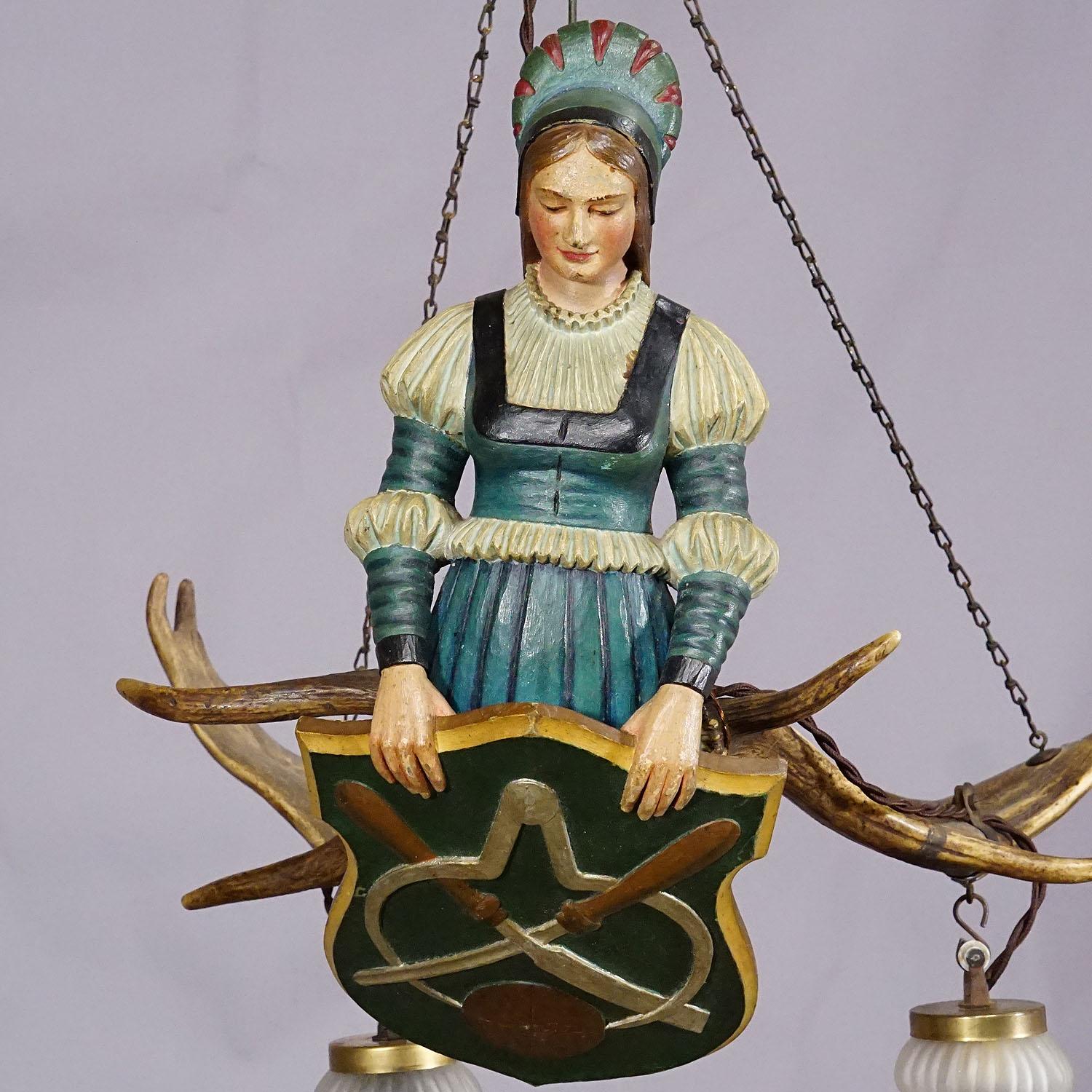 Hand-Carved Wooden Carved Lusterweibchen of a Medieval Noble Lady ca. 1910 For Sale