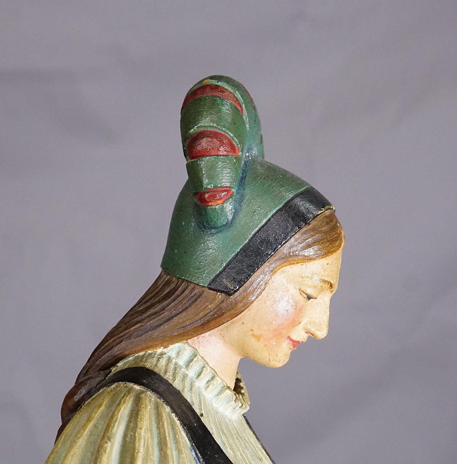 Iron Wooden Carved Lusterweibchen of a Medieval Noble Lady ca. 1910 For Sale