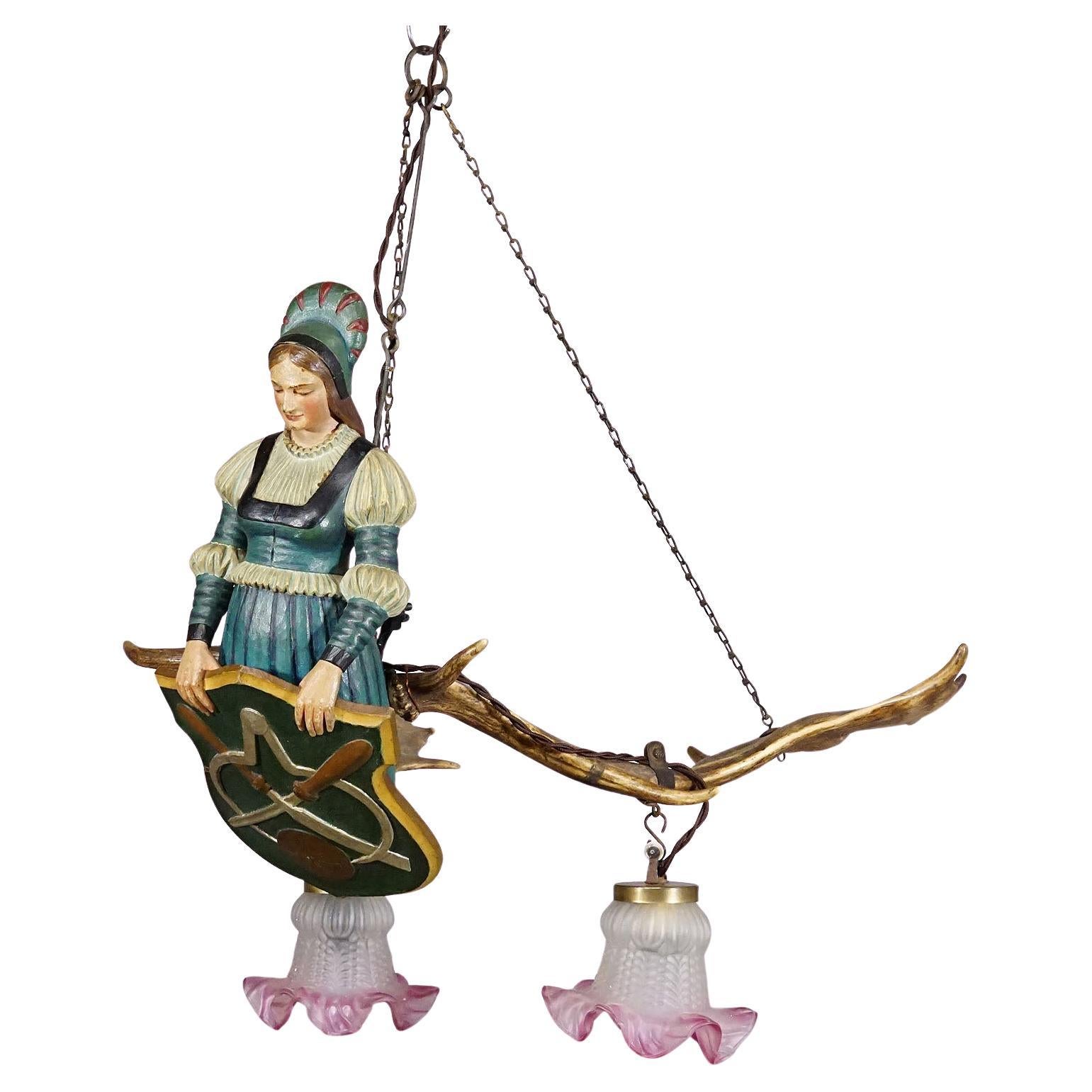 Wooden Carved Lusterweibchen of a Medieval Noble Lady ca. 1910