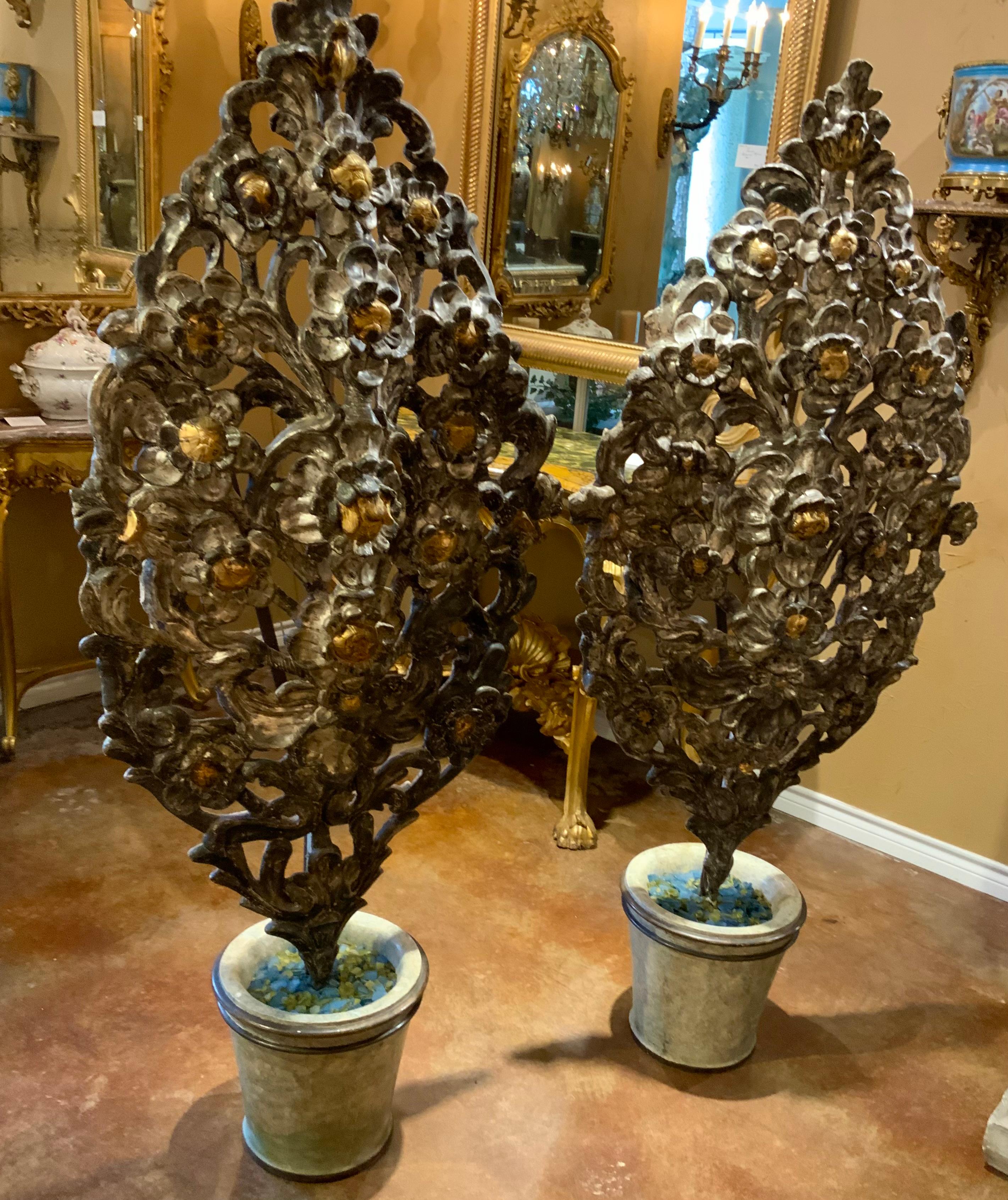 Hardwood Wooden carved pair of topiaries in silver and gold gilt For Sale