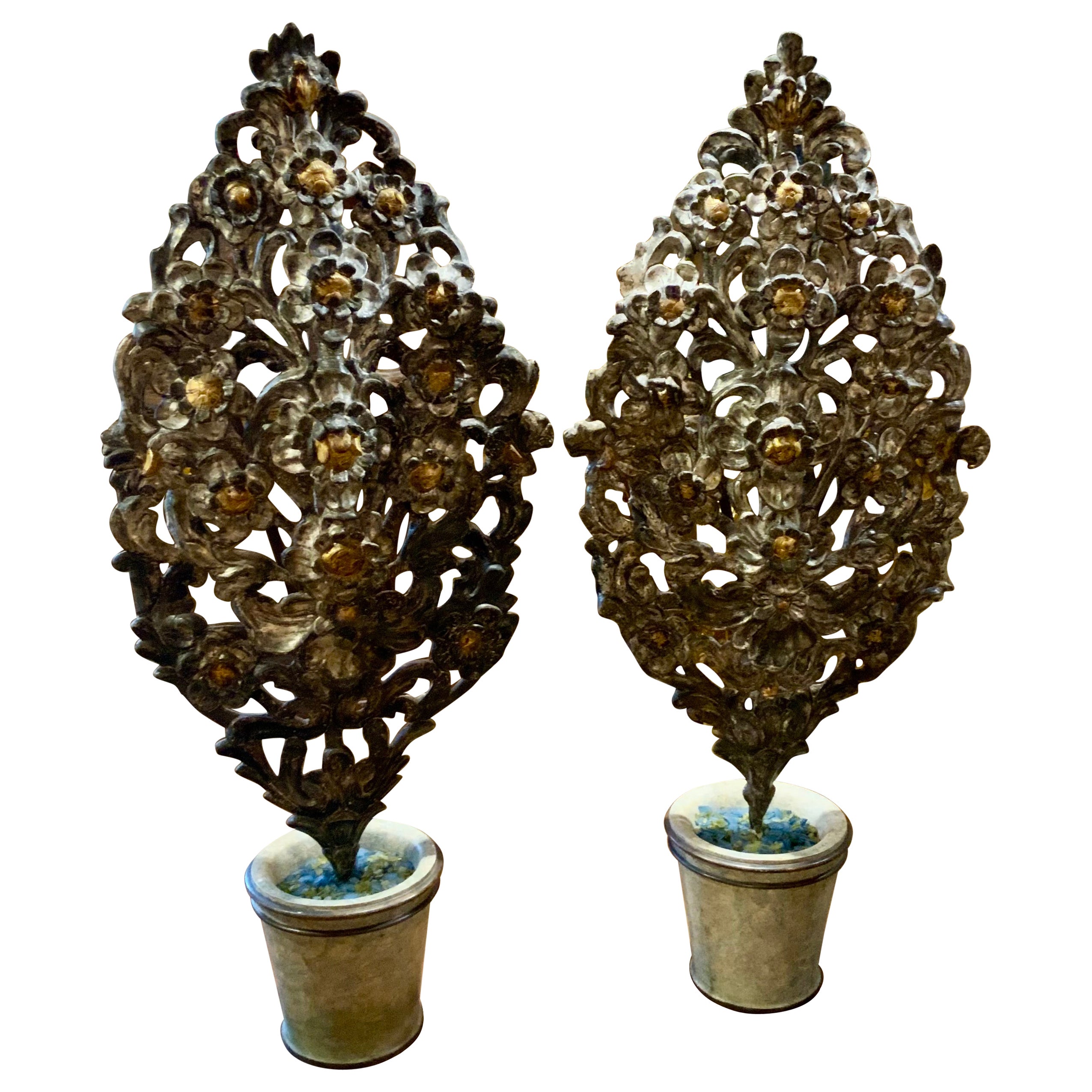 Wooden carved pair of topiaries in silver and gold gilt For Sale