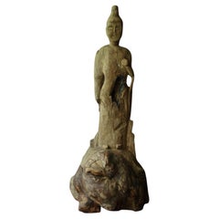 Japanese Wooden carved statue of Kannon Bodhisattva / Edo period Wabi-Sabi