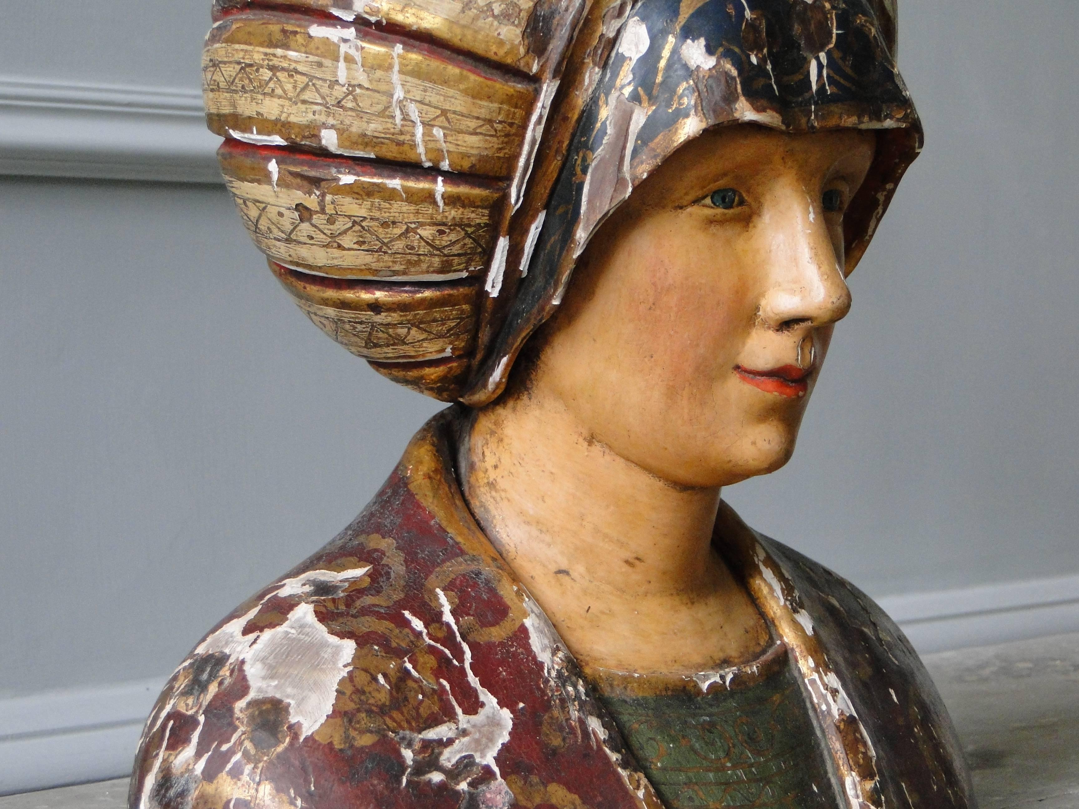 Polychromed Wooden Carved Statue or Bust from the 16th Century