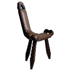 Wooden Carved Tripod Chair with Leather Seat, Wabi Sabi, Early 20th Century
