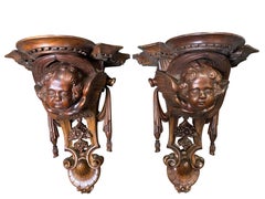 Wooden Carved Wall Sconces with Cherub Faces, 20th Century