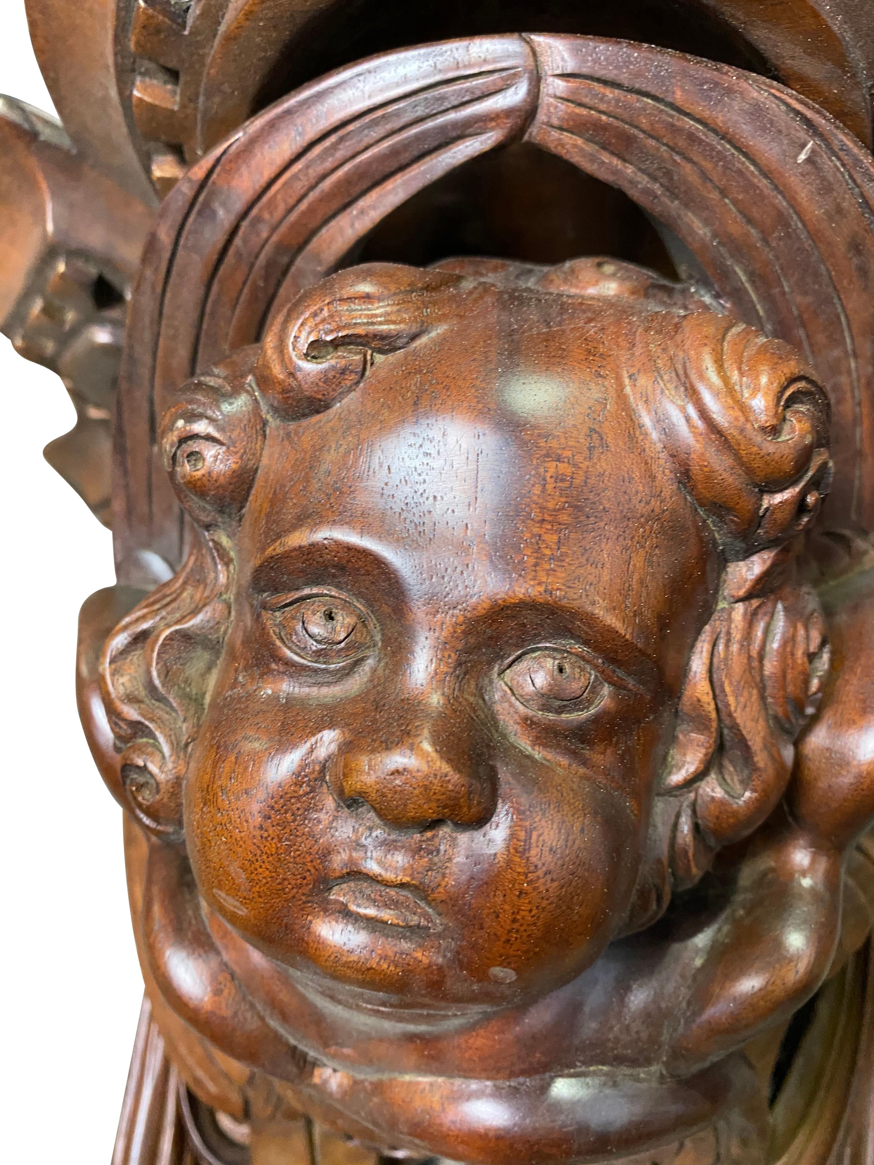 French Wooden Carved Wall Sconces with Cherub Faces, 20th Century For Sale