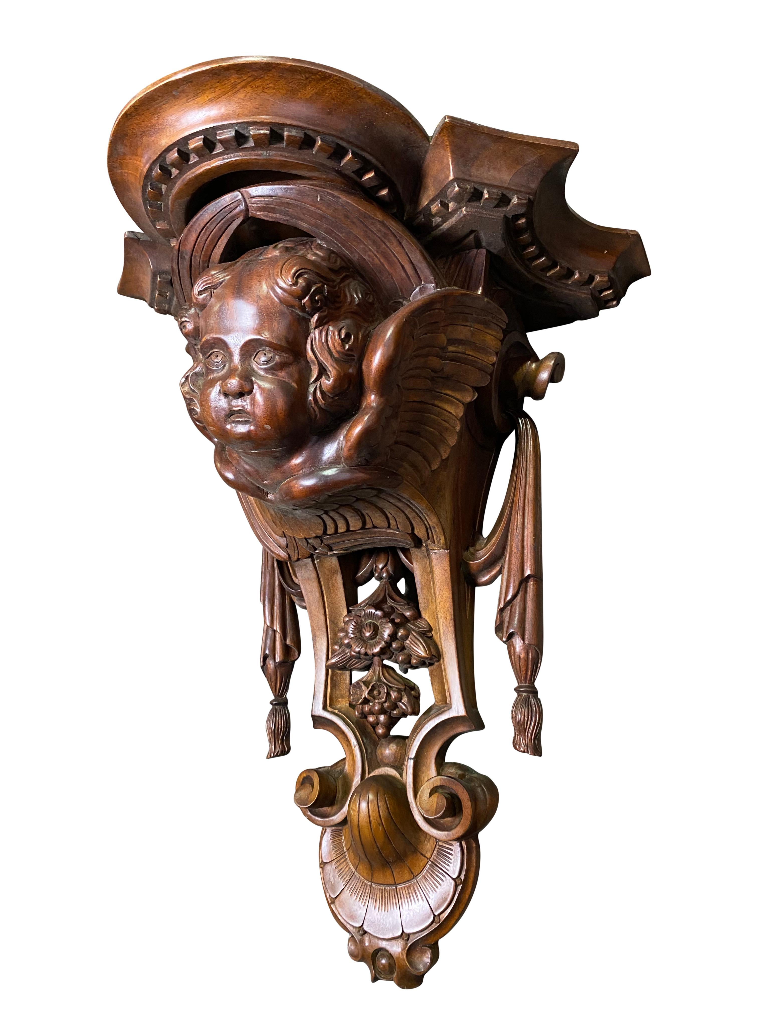 Wooden Carved Wall Sconces with Cherub Faces, 20th Century In Excellent Condition For Sale In London, GB