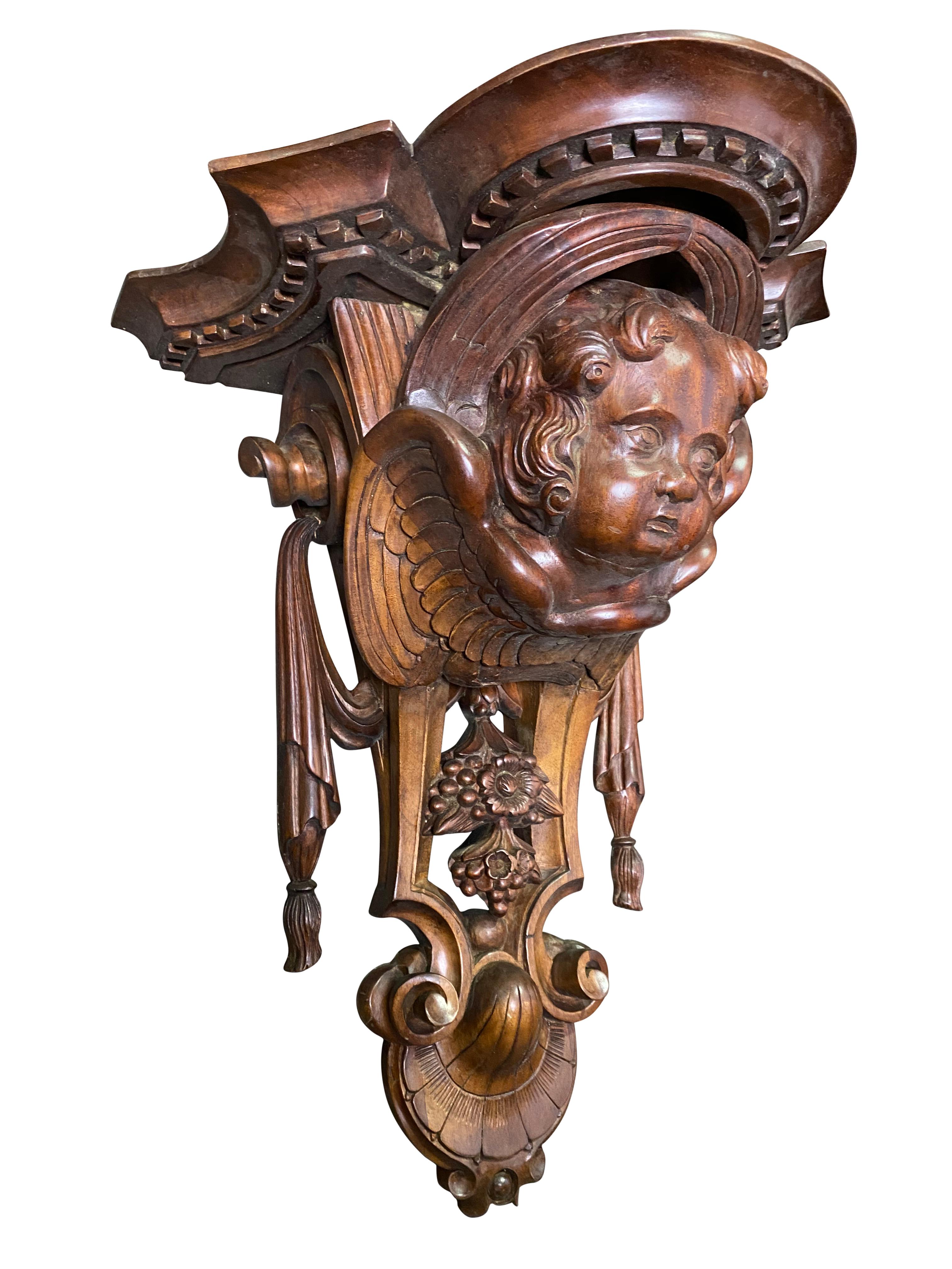 Wooden Carved Wall Sconces with Cherub Faces, 20th Century For Sale 1