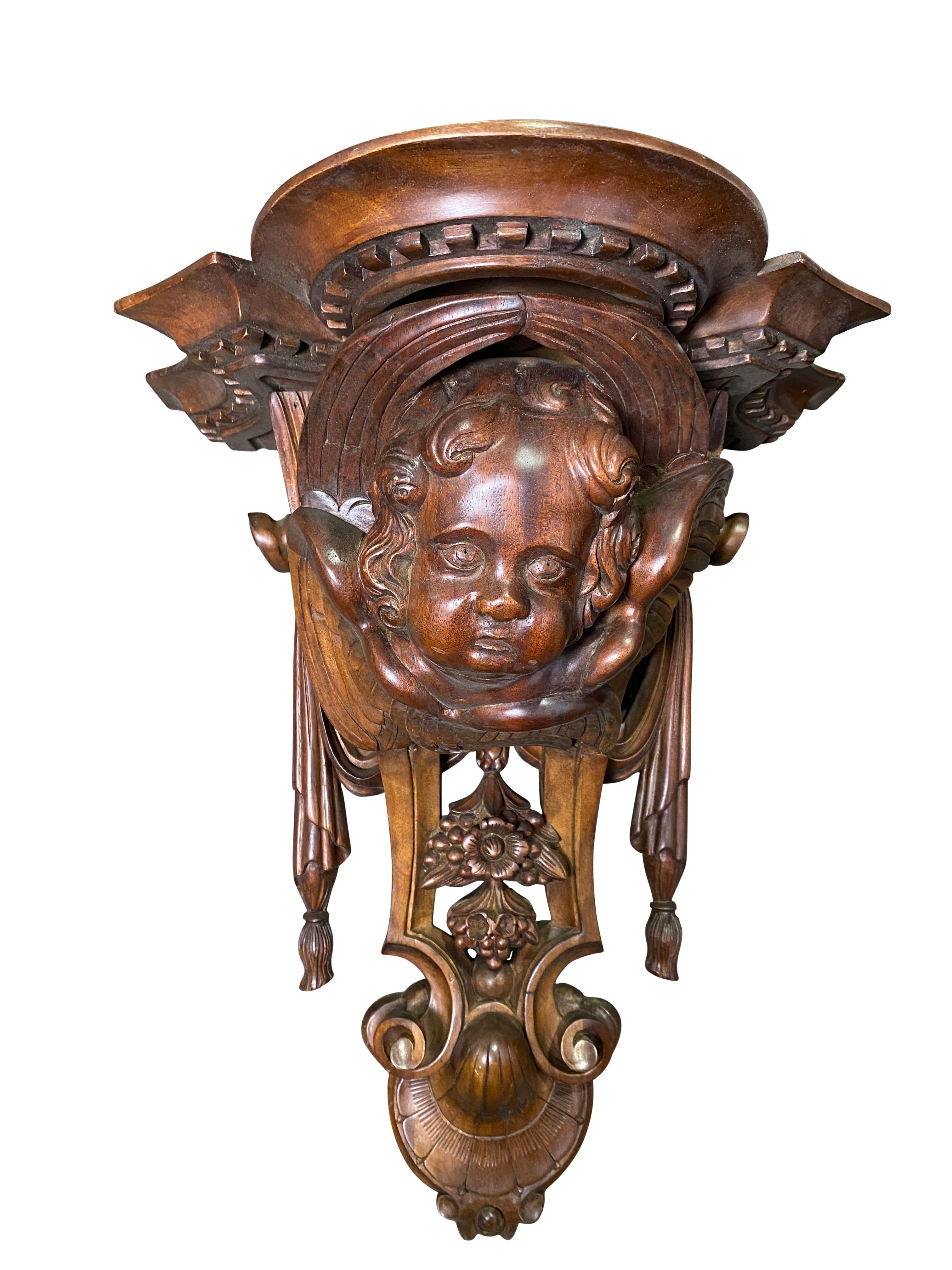 Wooden Carved Wall Sconces with Cherub Faces, 20th Century For Sale 2