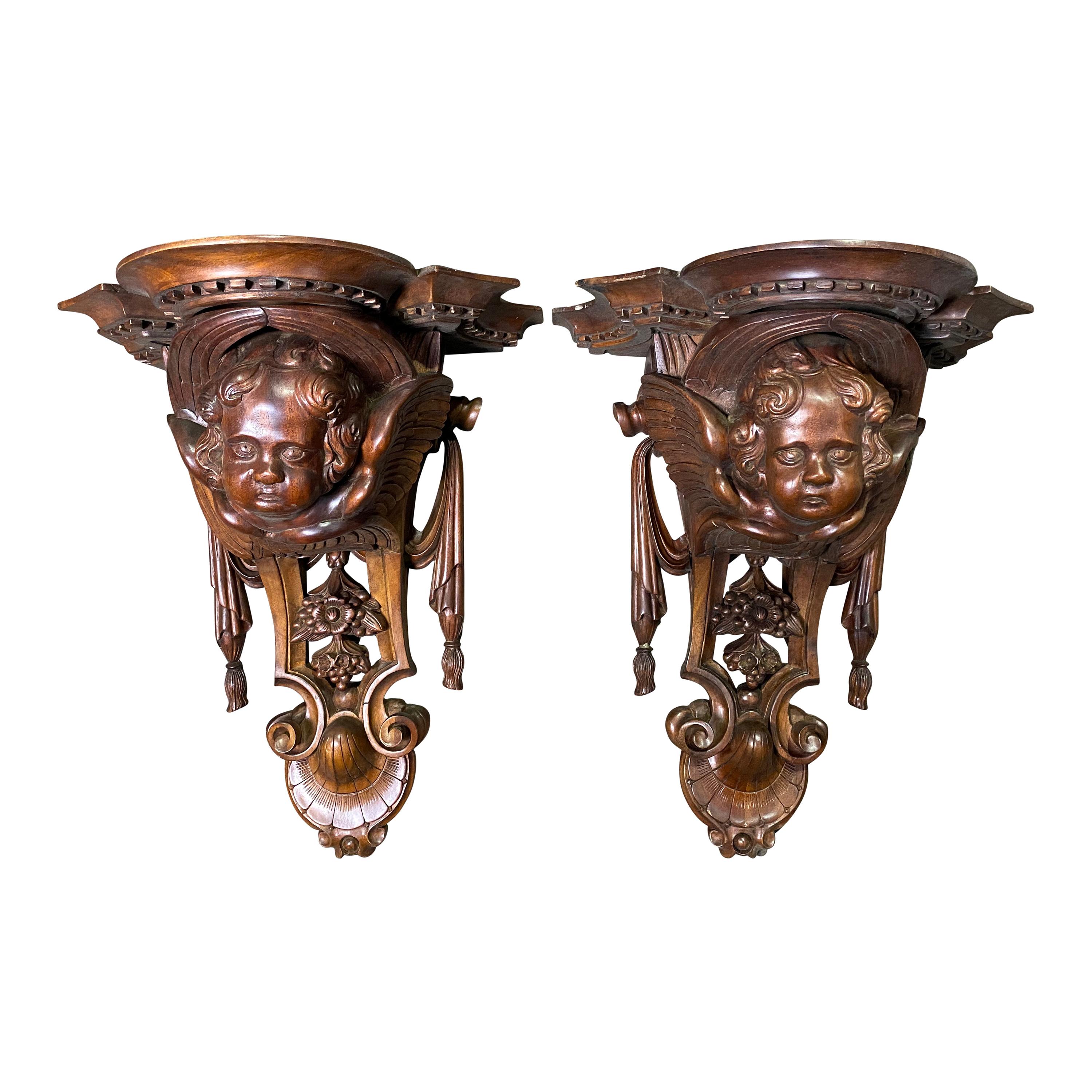 Wooden Carved Wall Sconces with Cherub Faces, 20th Century For Sale
