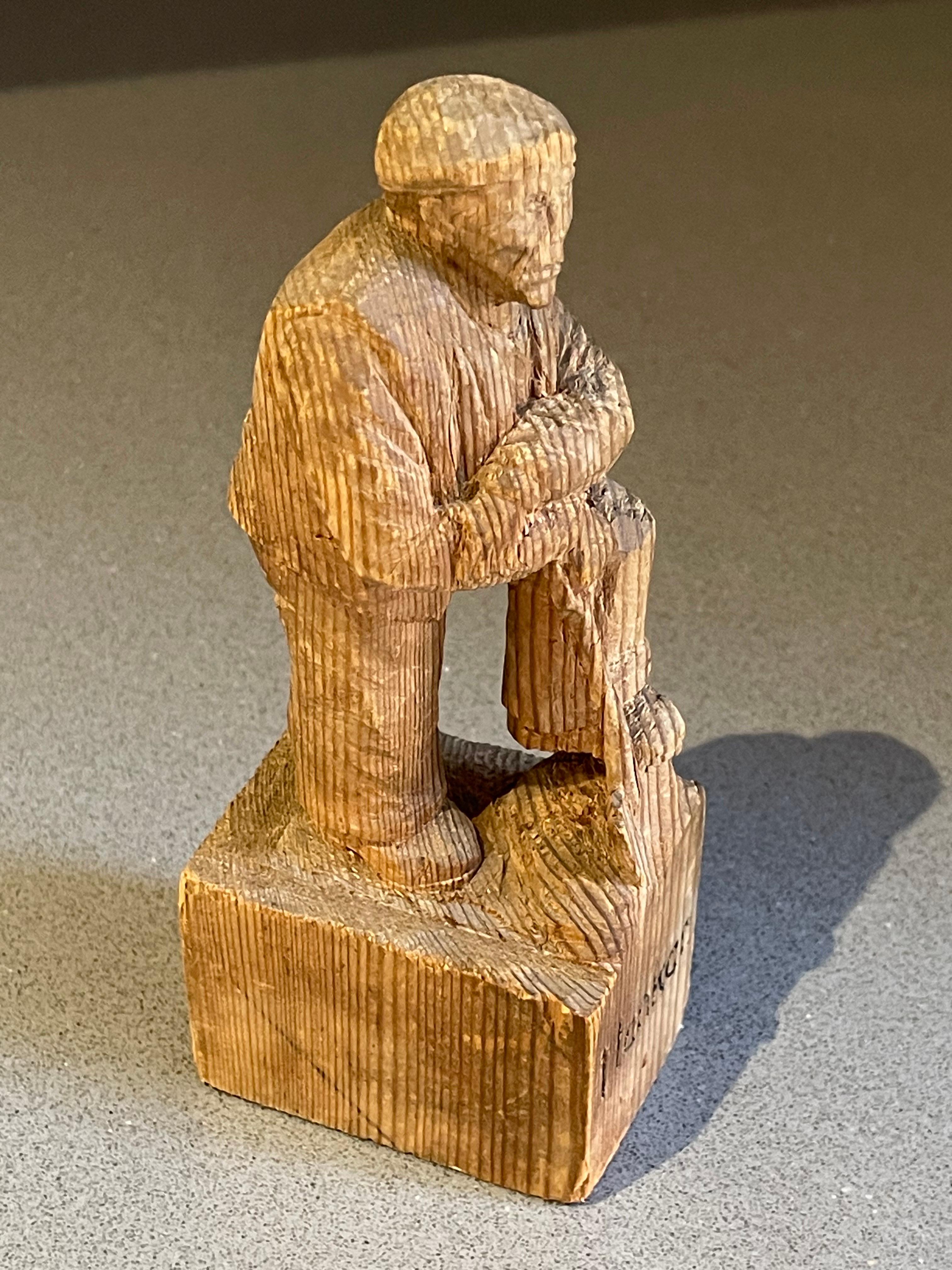Wooden Carving Human Sculpture Antique Decorative Figurine of a Thinking Man For Sale 3