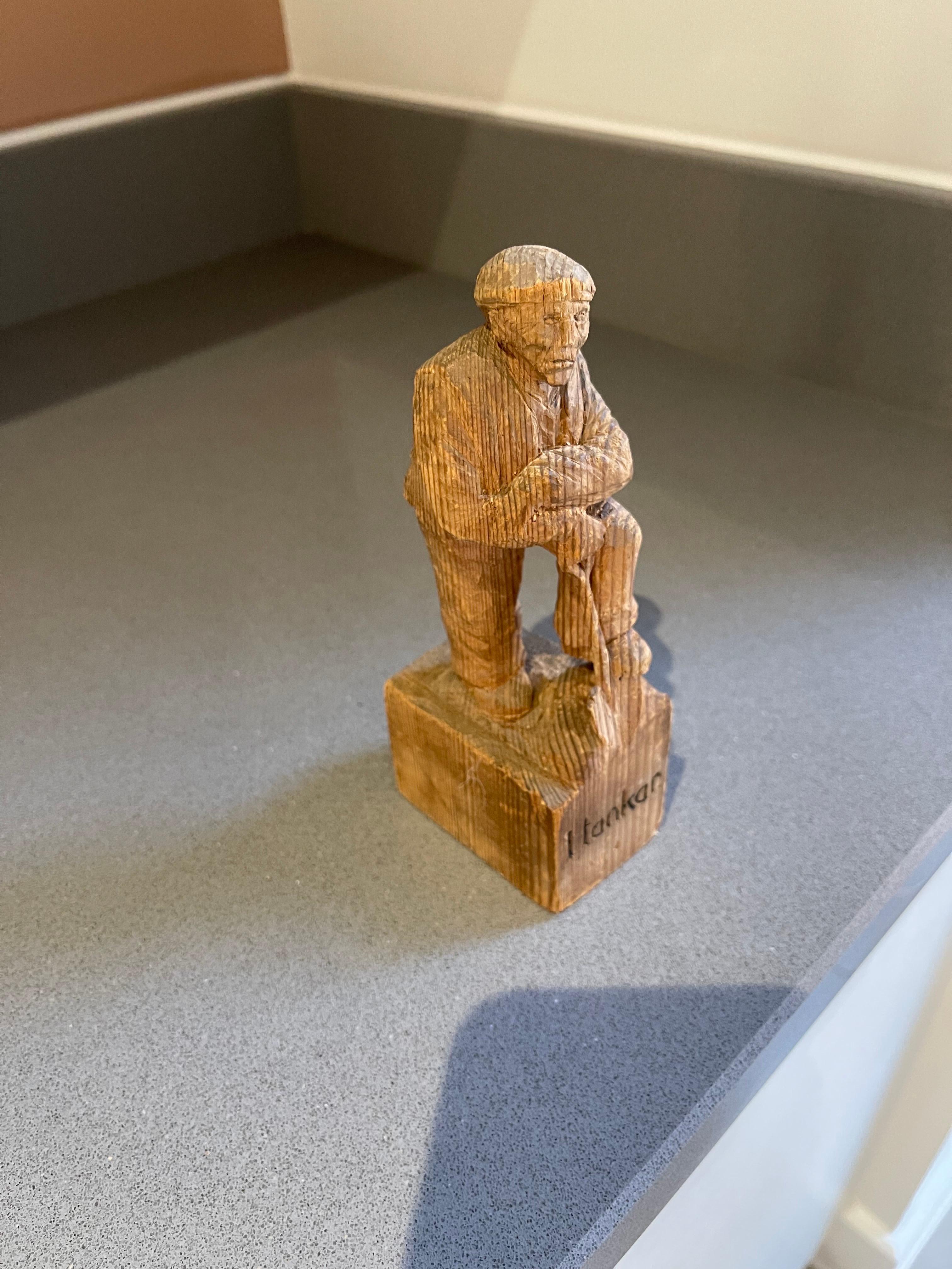 Swedish Wooden Carving Human Sculpture Antique Decorative Figurine of a Thinking Man For Sale