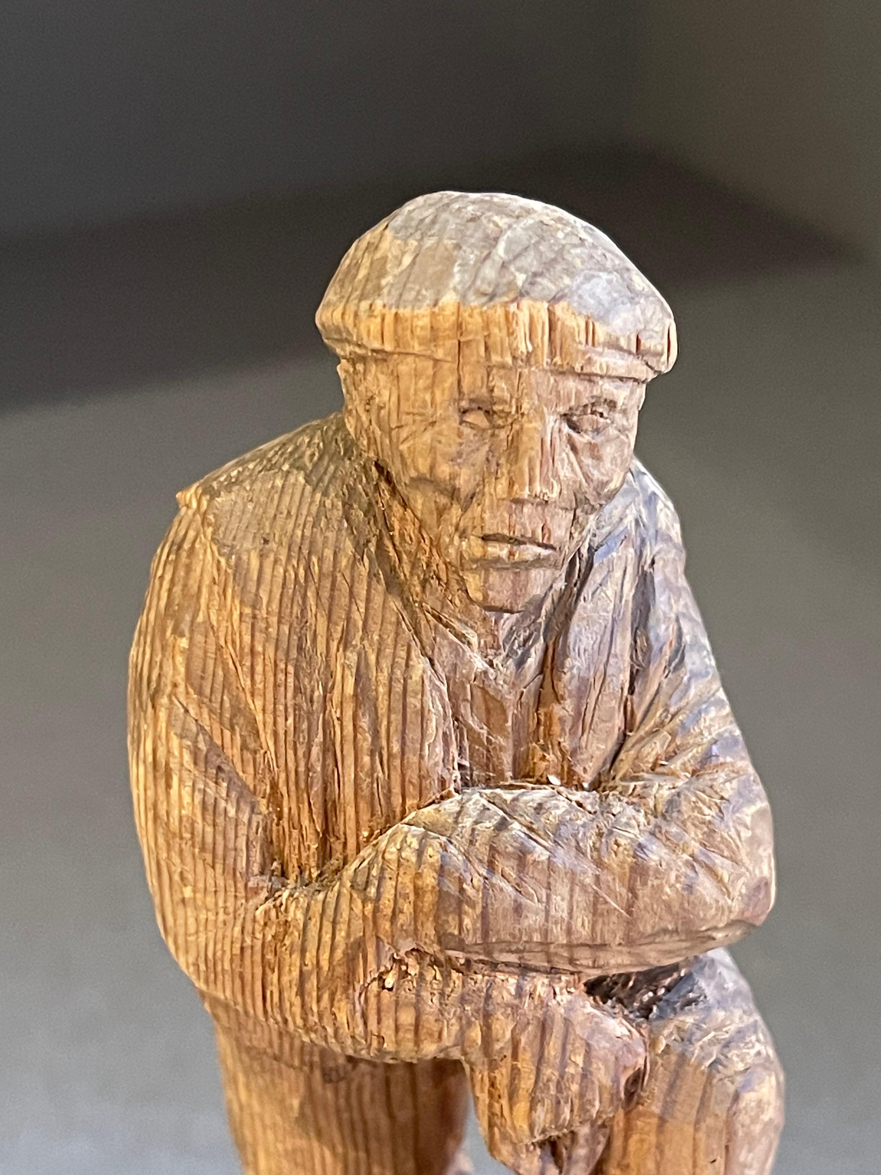 Wooden Carving Human Sculpture Antique Decorative Figurine of a Thinking Man In Excellent Condition For Sale In Wembley, GB
