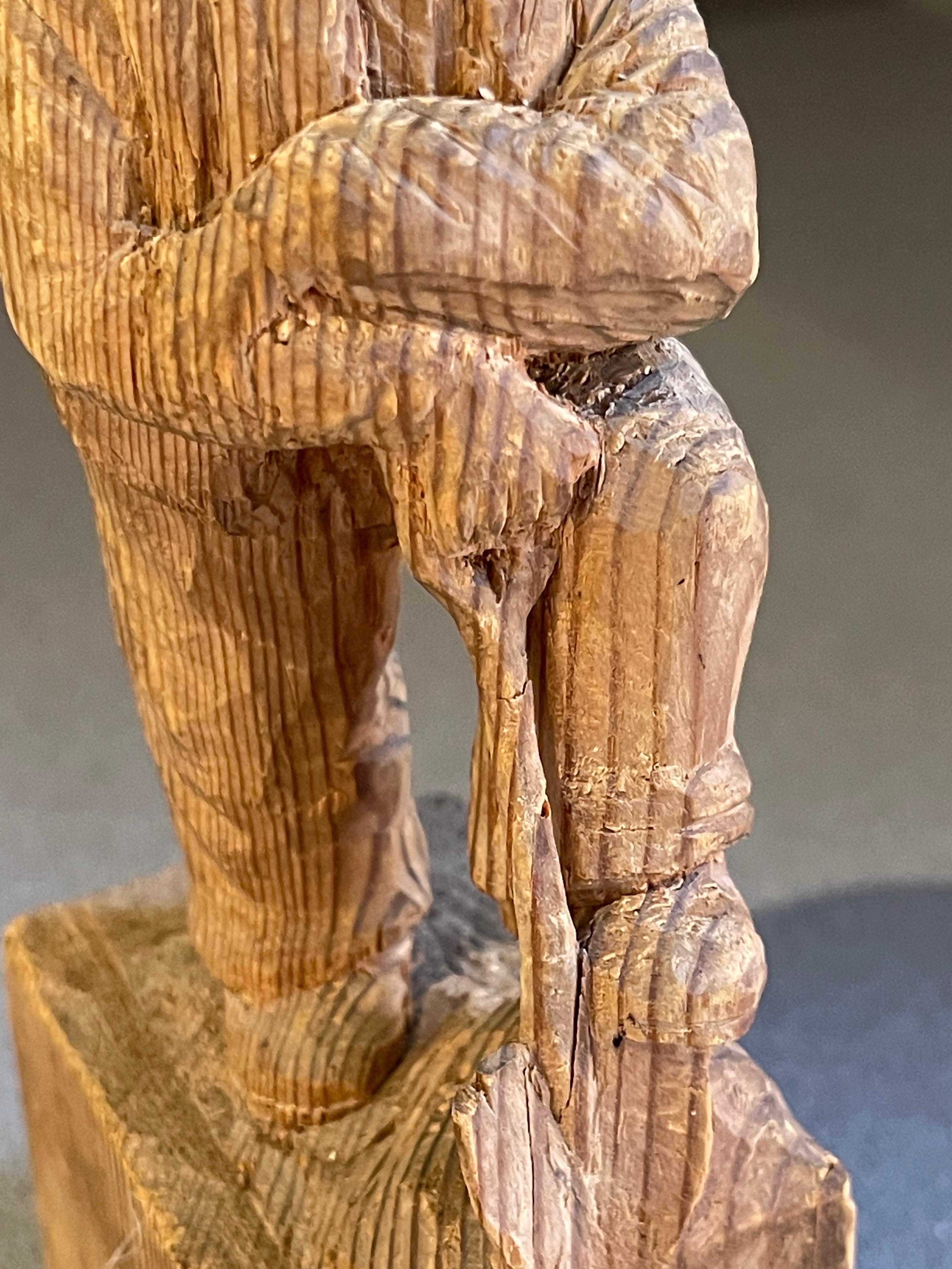 Mid-20th Century Wooden Carving Human Sculpture Antique Decorative Figurine of a Thinking Man For Sale