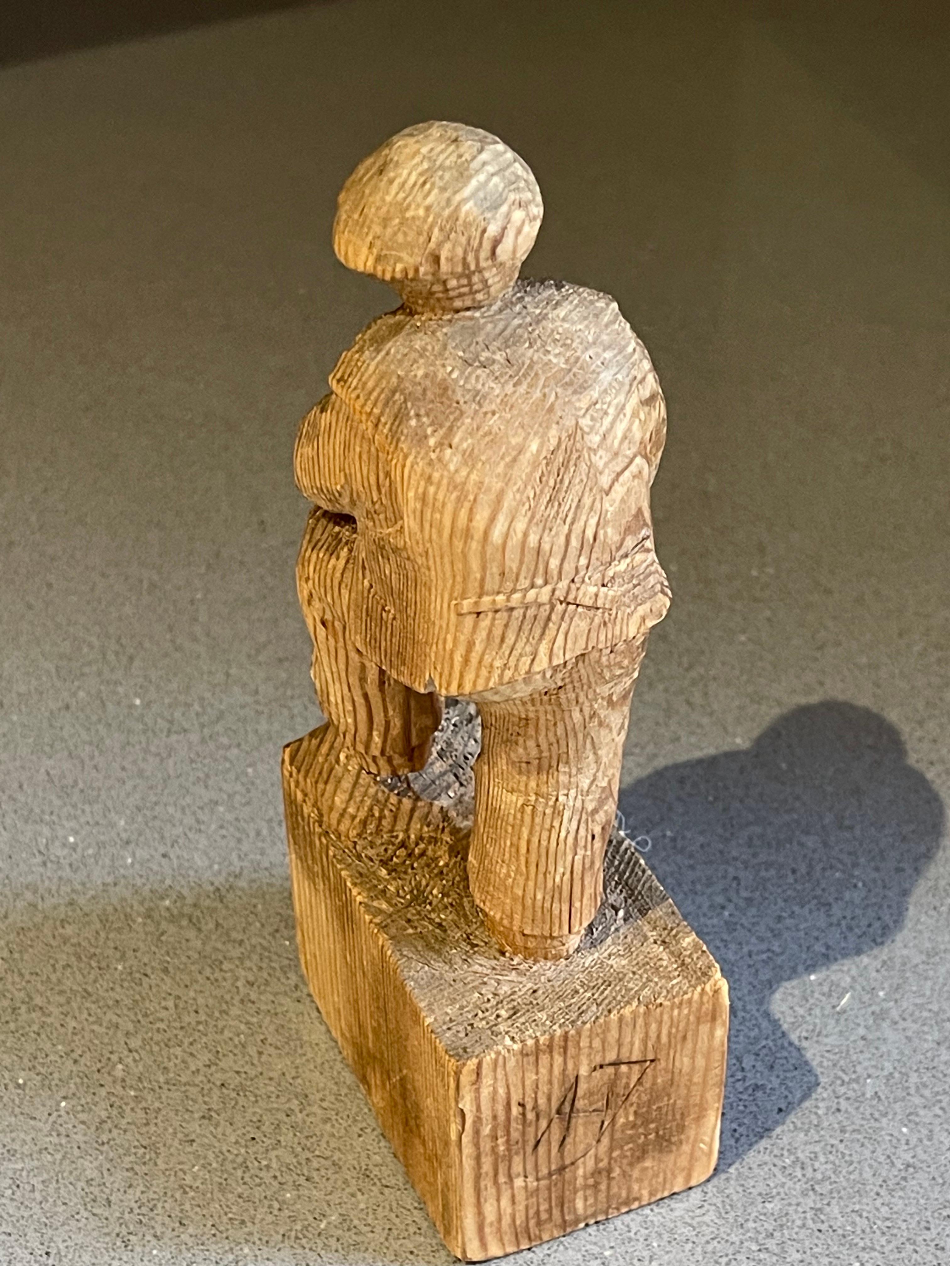 Ceramic Wooden Carving Human Sculpture Antique Decorative Figurine of a Thinking Man For Sale