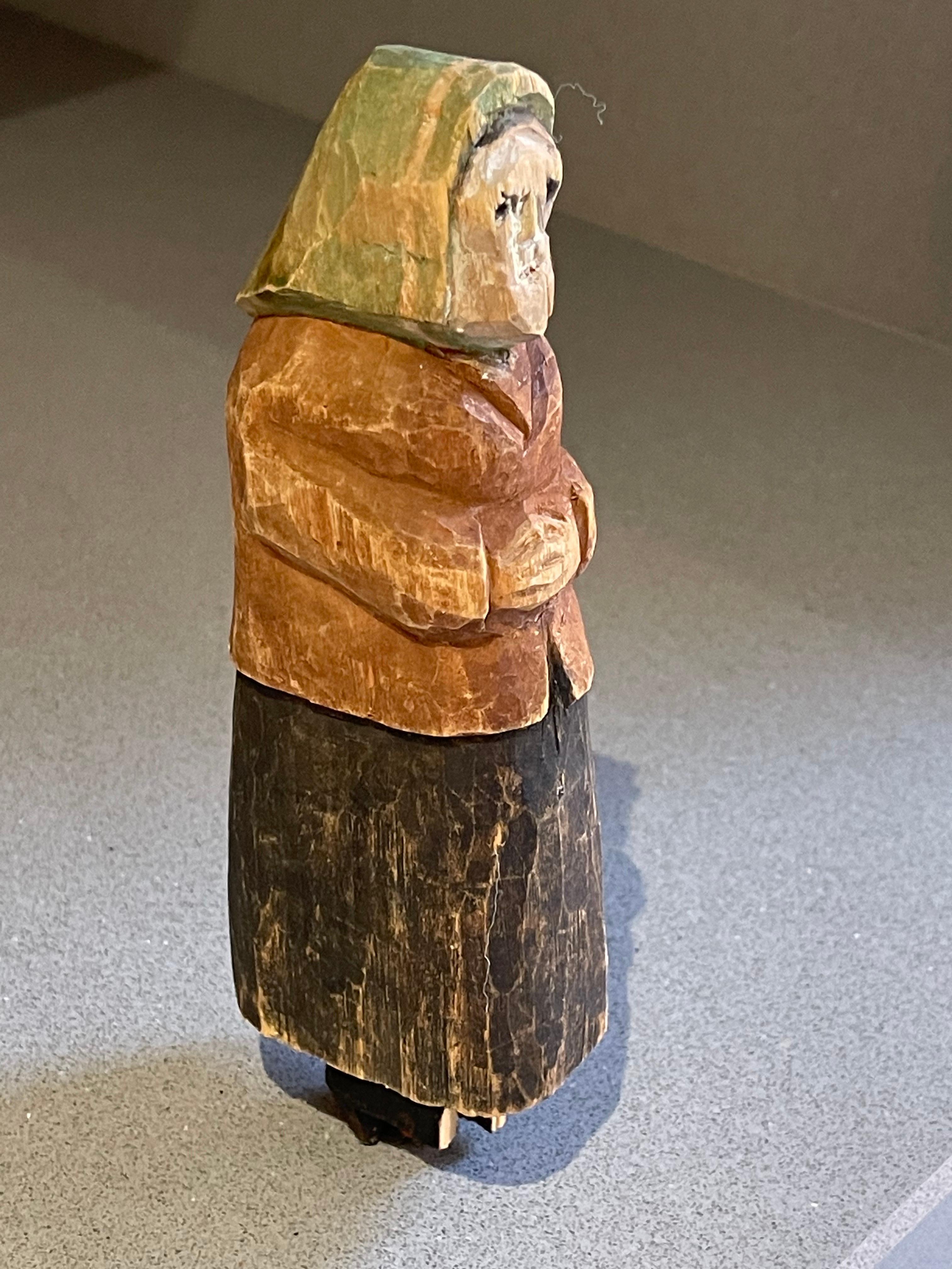 Swedish Wooden Carving Human Sculpture Rustic Dressed Antique Decorative Woman Figurine For Sale