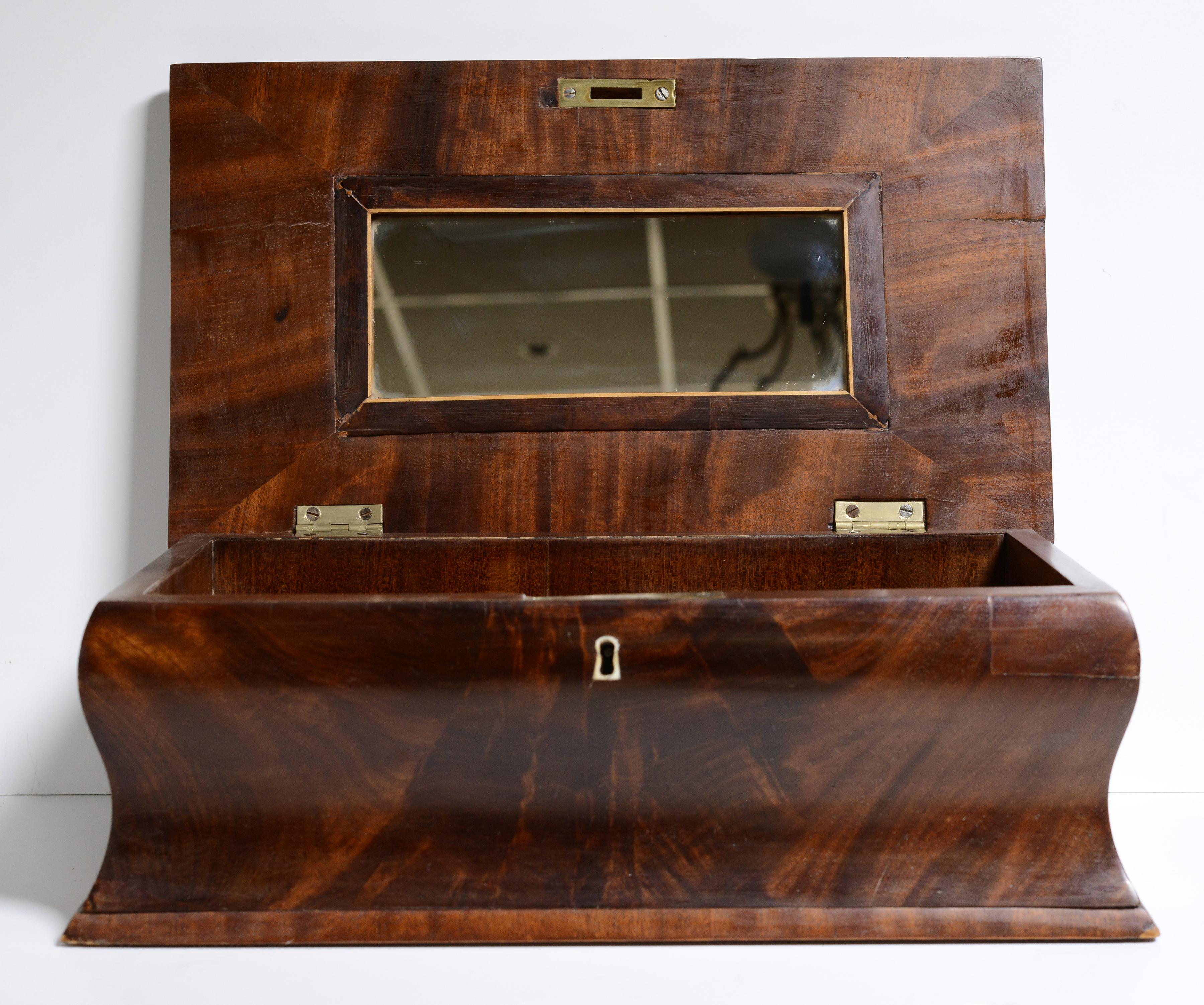 Neoclassical Wooden Casket Box with Mirror mid 19th century Flame Mahogany Biedermeier For Sale