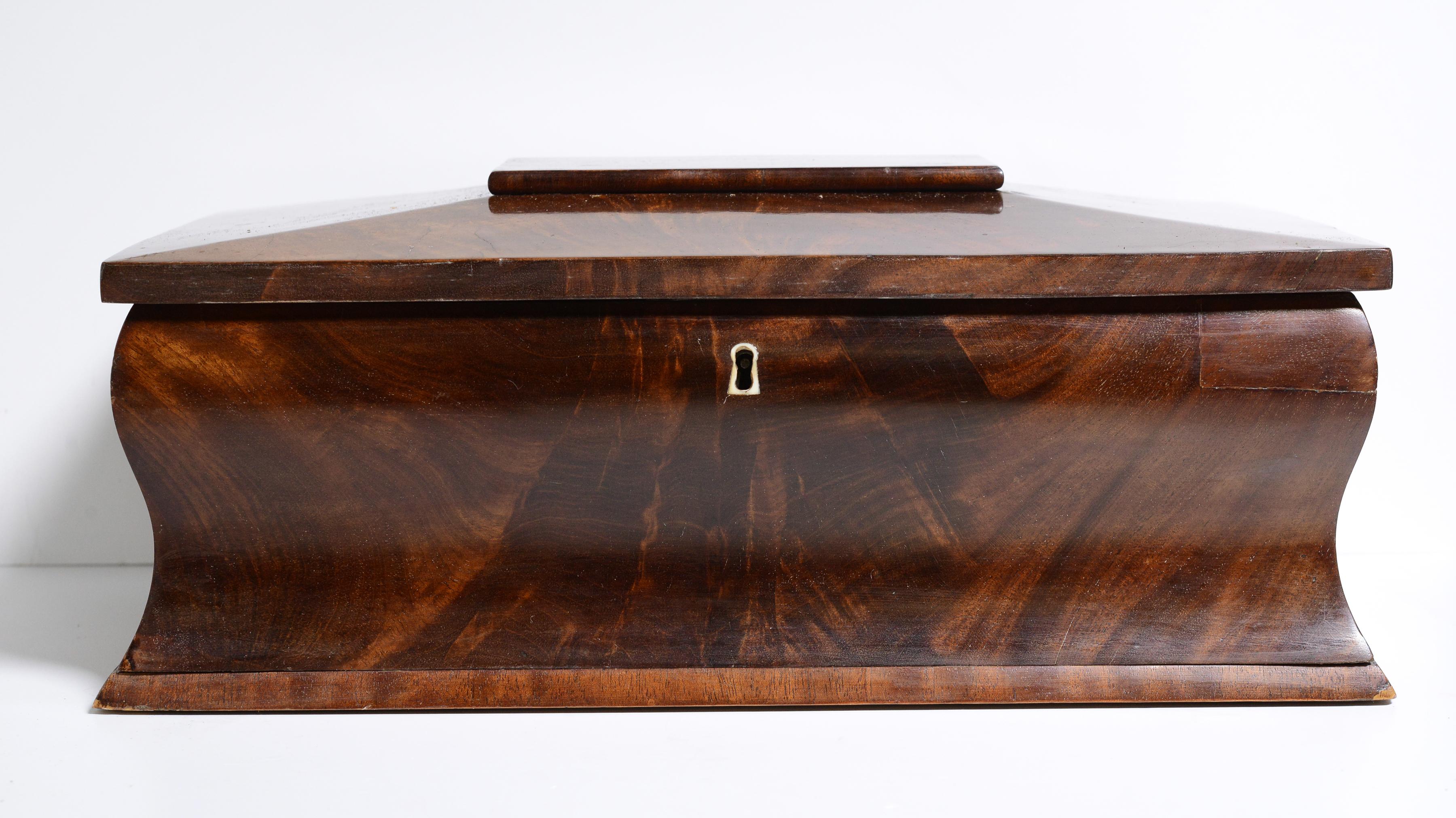 Hand-Carved Wooden Casket Box with Mirror mid 19th century Flame Mahogany Biedermeier For Sale