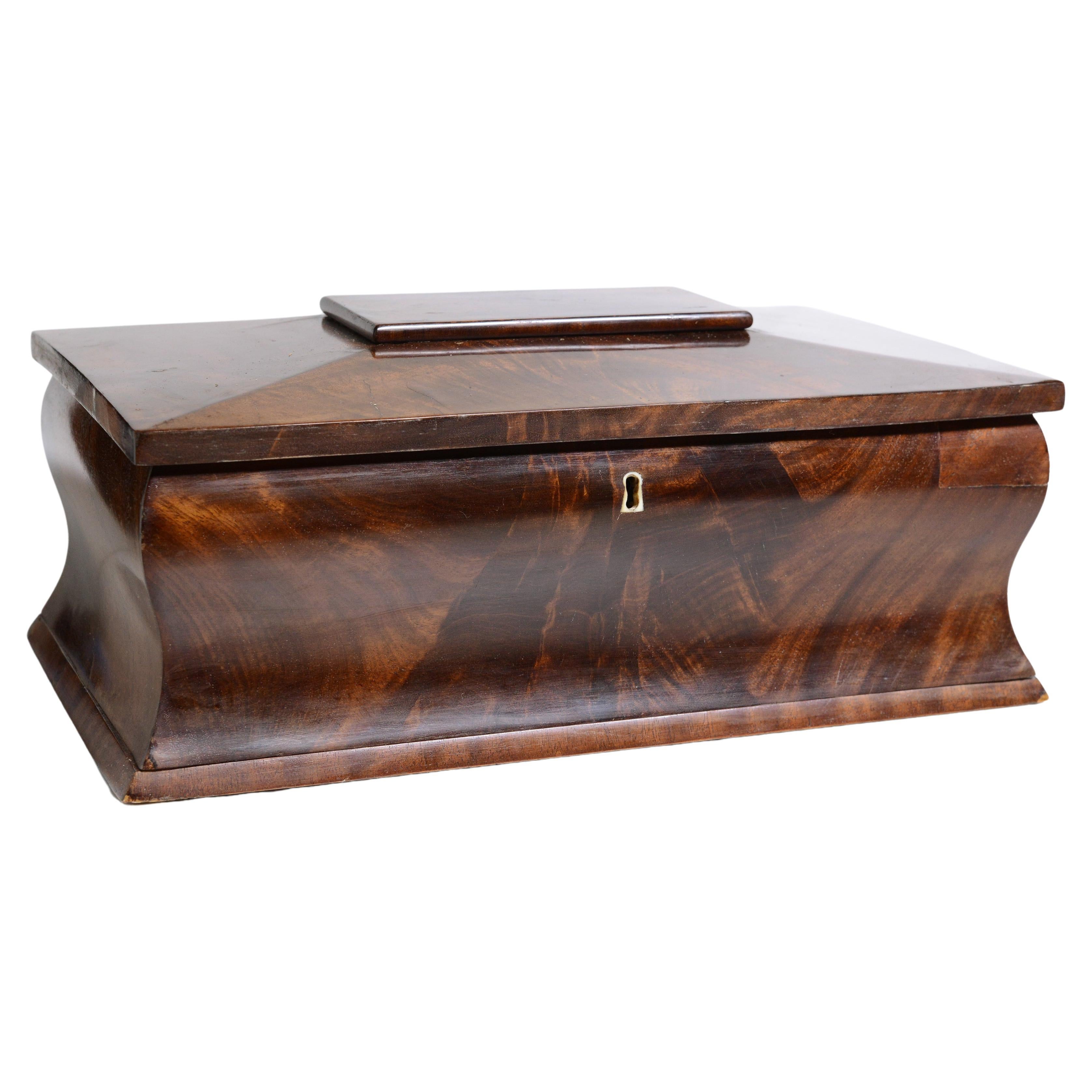 Wooden Casket Box with Mirror mid 19th century Flame Mahogany Biedermeier For Sale