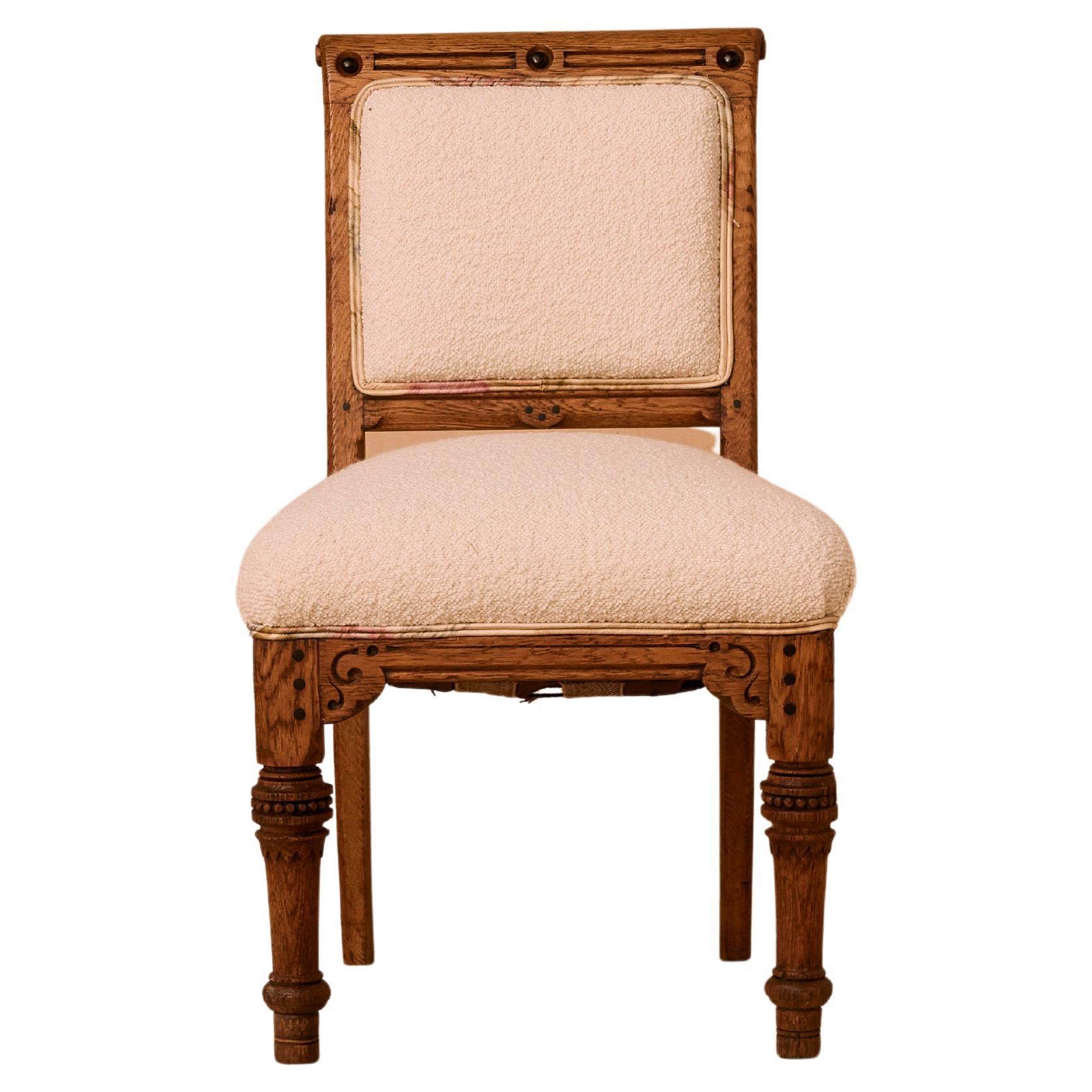 Wooden Chair with Cream Boucle Upholstery For Sale