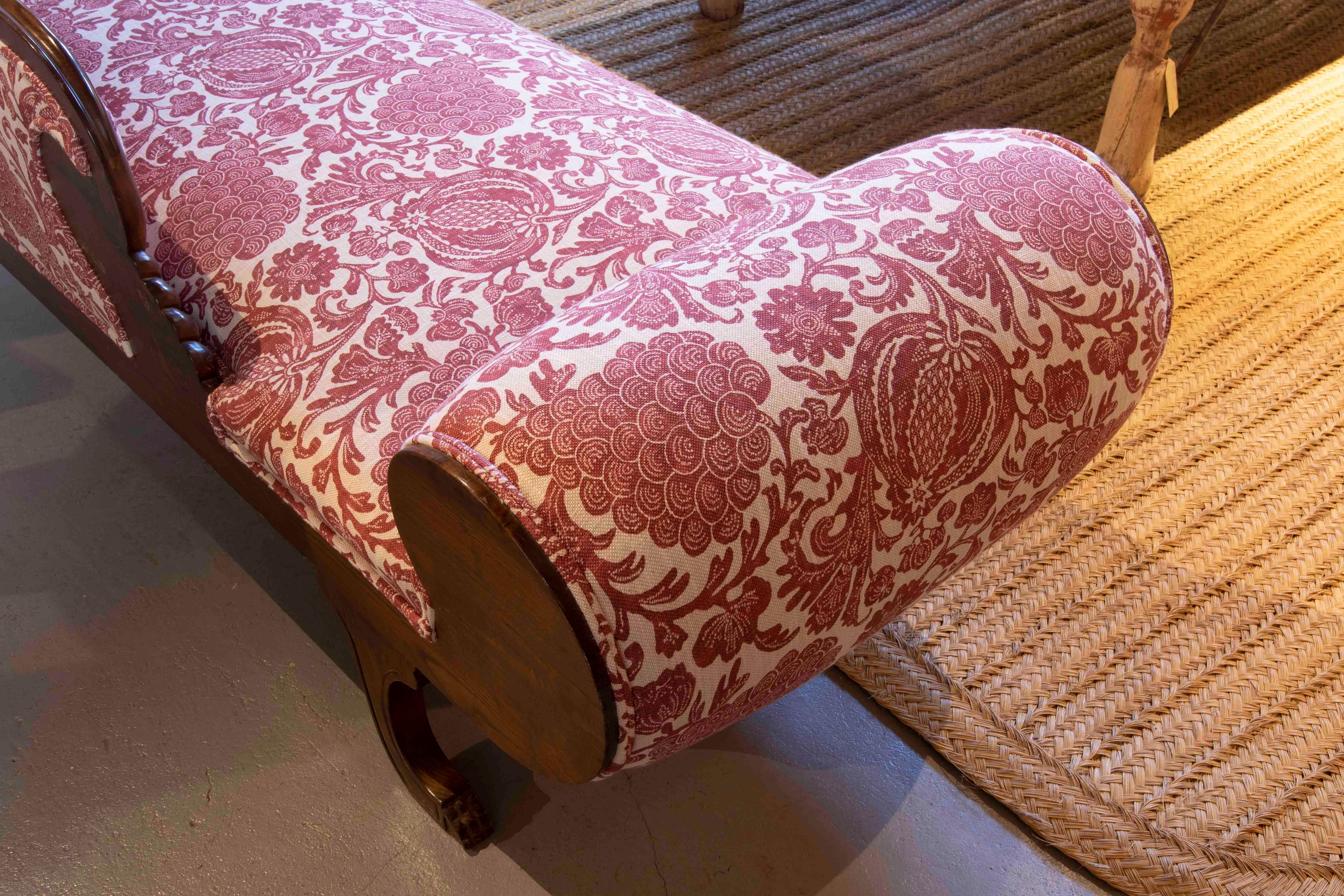 Fabric Wooden Chaise Longue with a New Upholstery and Pomegranate Decoration