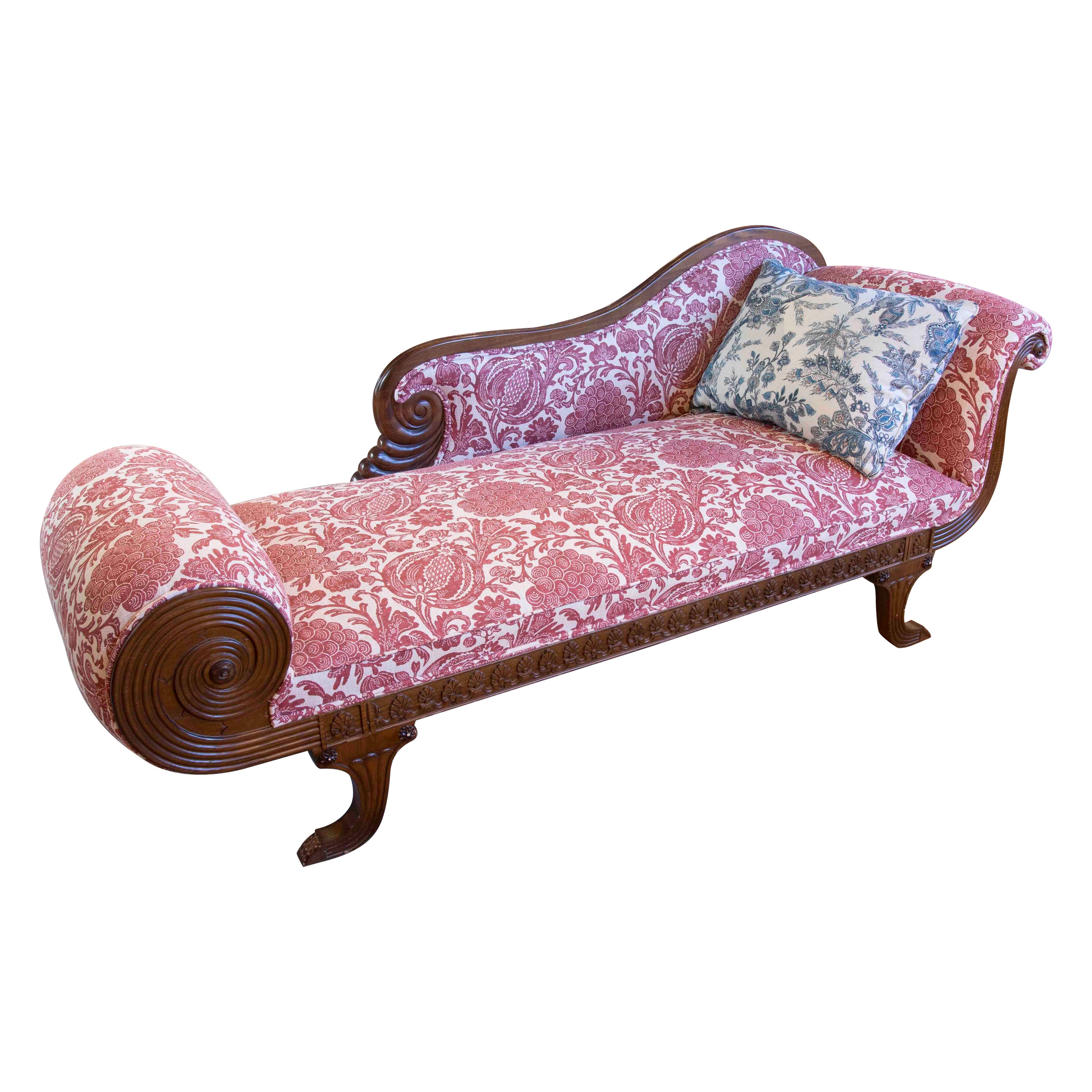 Wooden Chaise Longue with a New Upholstery and Pomegranate Decoration