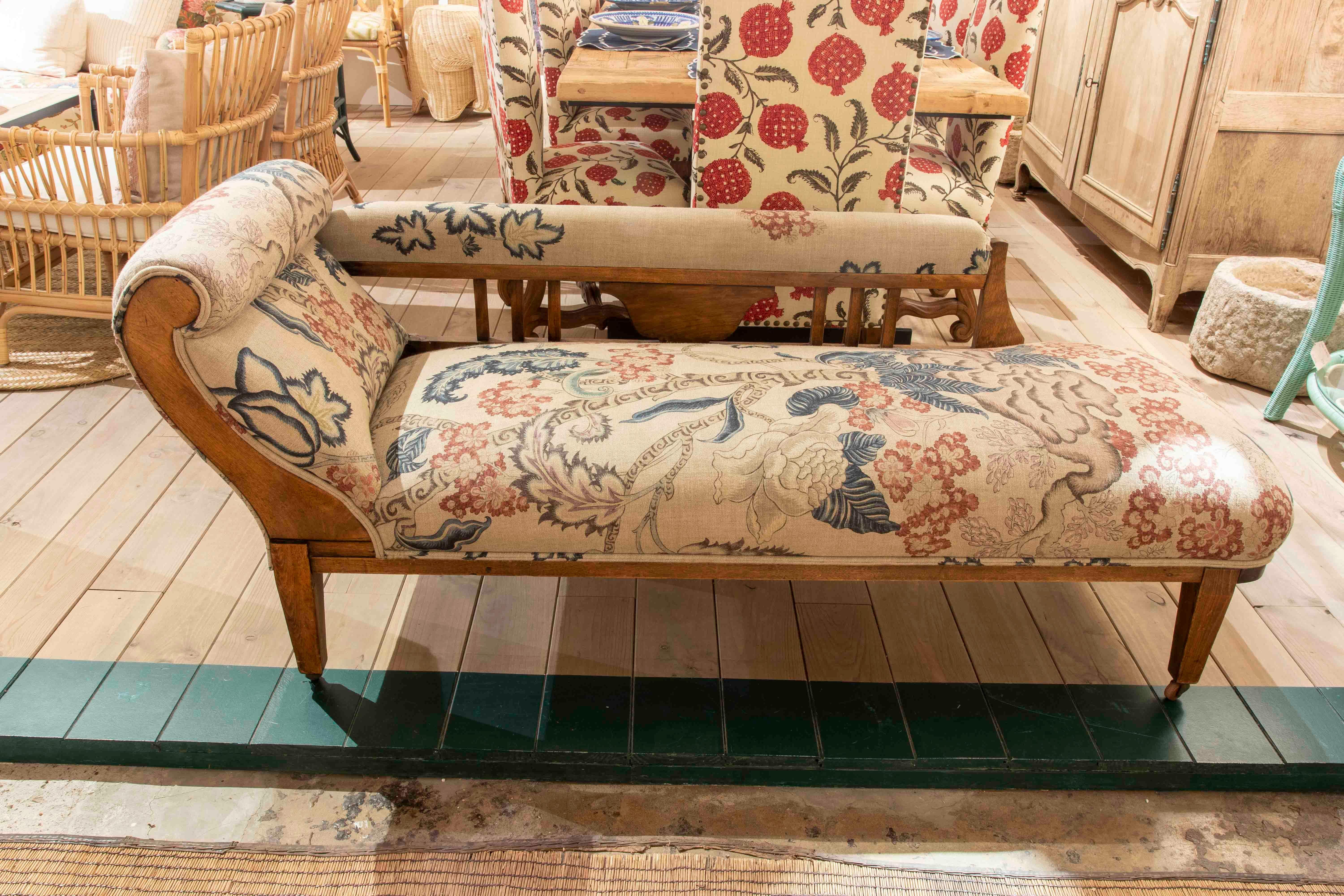 Spanish Wooden Chaise Longue with New Upholstery