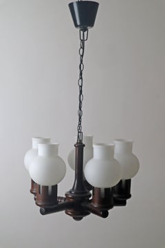 Wooden Chandelier with White Glasses in the Shape of an Onion, Denmark 1960s
