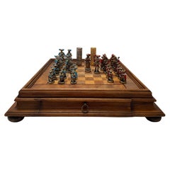 Wooden Chessboard with  with Metal Game Pieces 'Similar to Pewter', 1970s