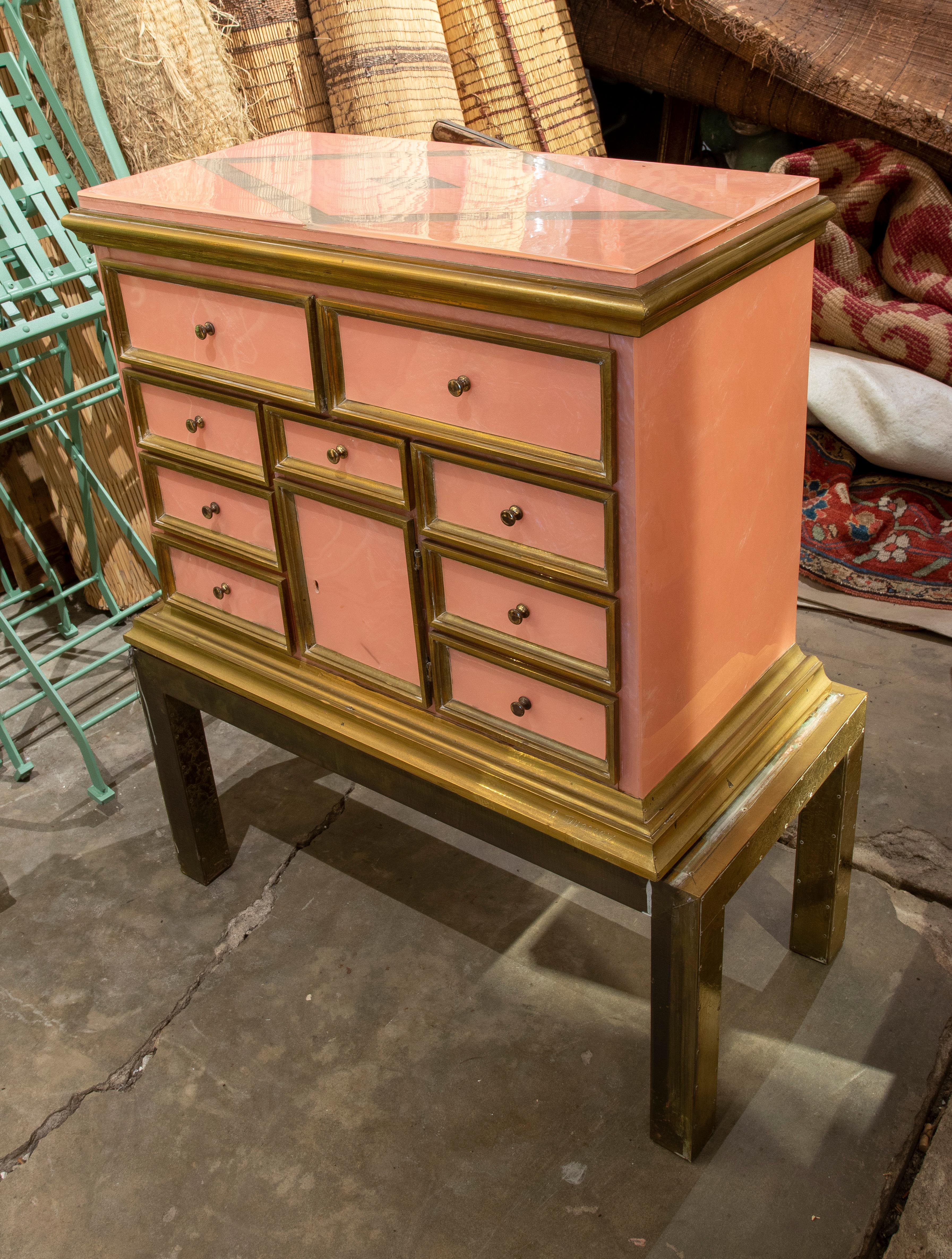 20th Century Wooden Chest Bargueño with Foot of the Artist R. Dubarry with Hand-Carved Brass