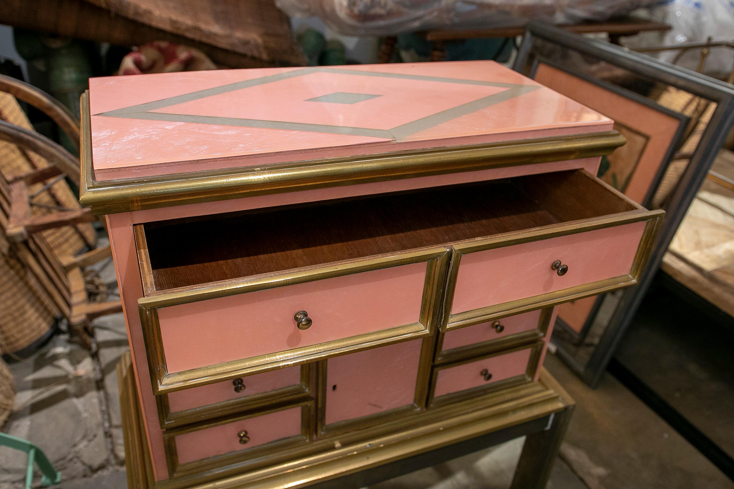 Wooden Chest Bargueño with Foot of the Artist R. Dubarry with Hand-Carved Brass 1