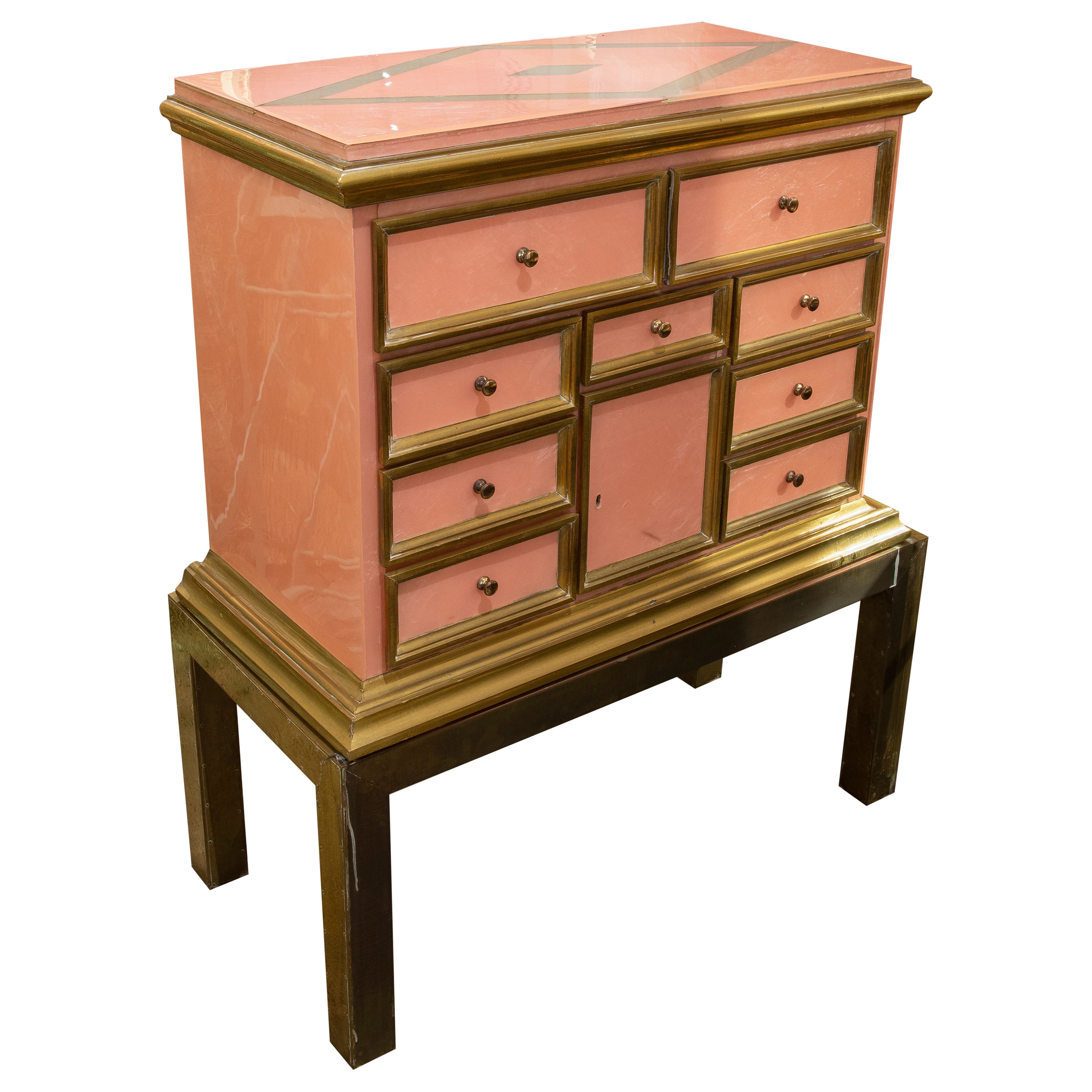 Wooden Chest Bargueño with Foot of the Artist R. Dubarry with Hand-Carved Brass