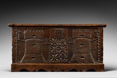 Wooden Chest Carved with Two Crenellated Towers