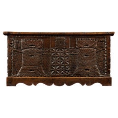 Antique Wooden Chest Carved with Two Crenellated Towers