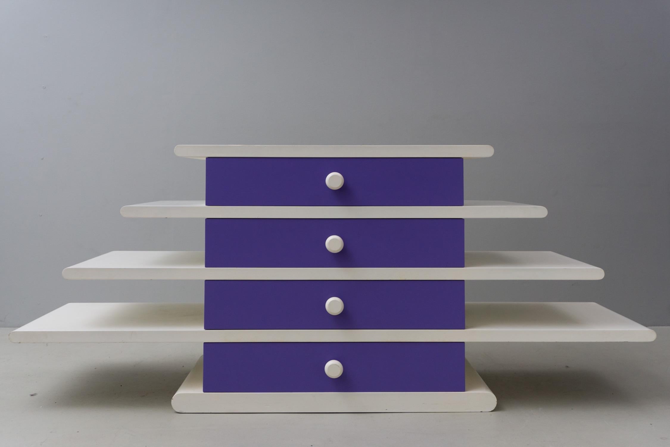 This rare and seminal piece by Hans von Klier has four drawers and is made of lacquered wood in white and lilac. 
It was manufactured by Planula di Agliana in Italy. 

Hans von Klier (1934 – 2000) was an Austrian designer, who worked closely with