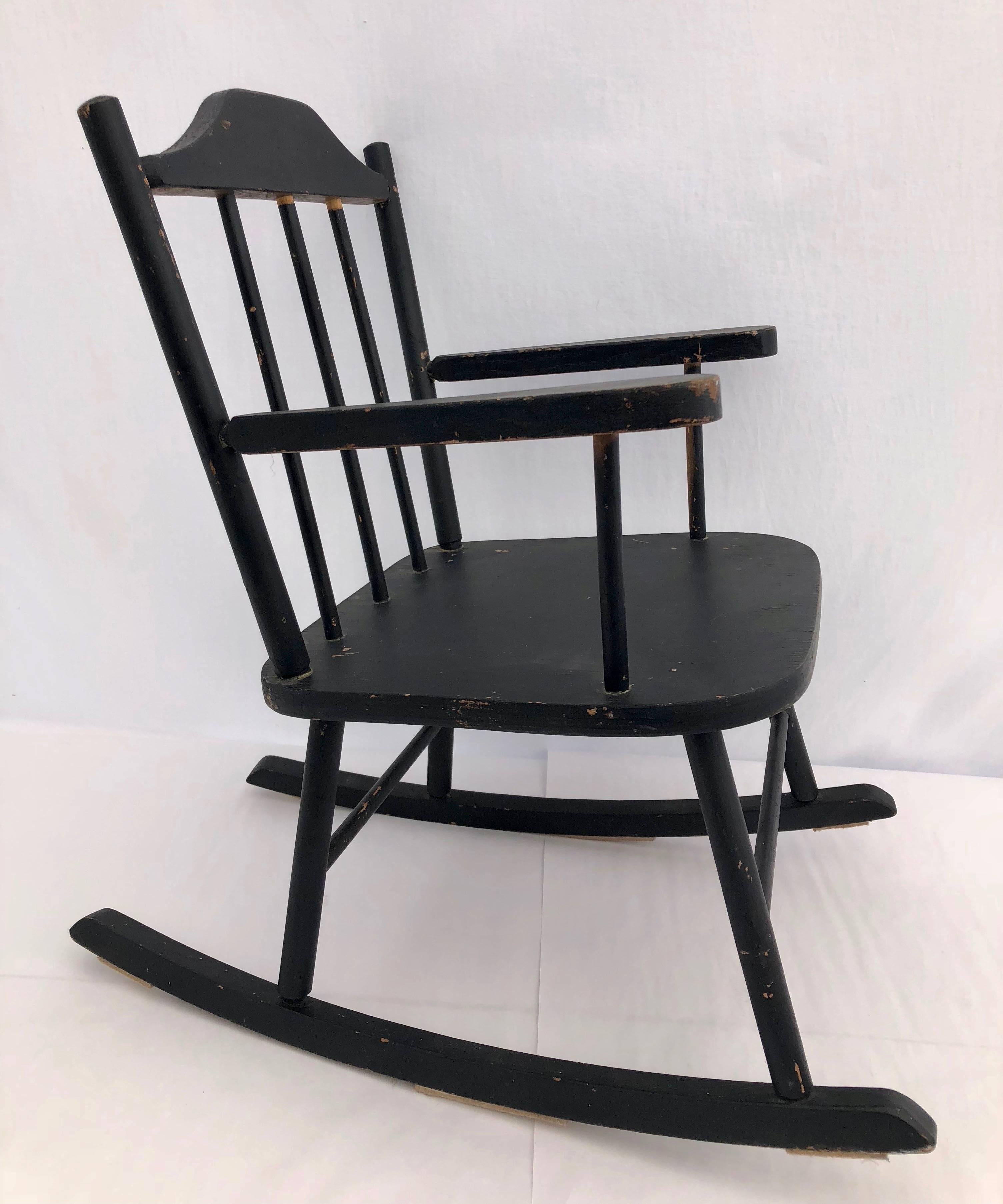 Wooden Child's Rocking Chair with Spindle Back, Painted Black In Good Condition For Sale In Petaluma, CA