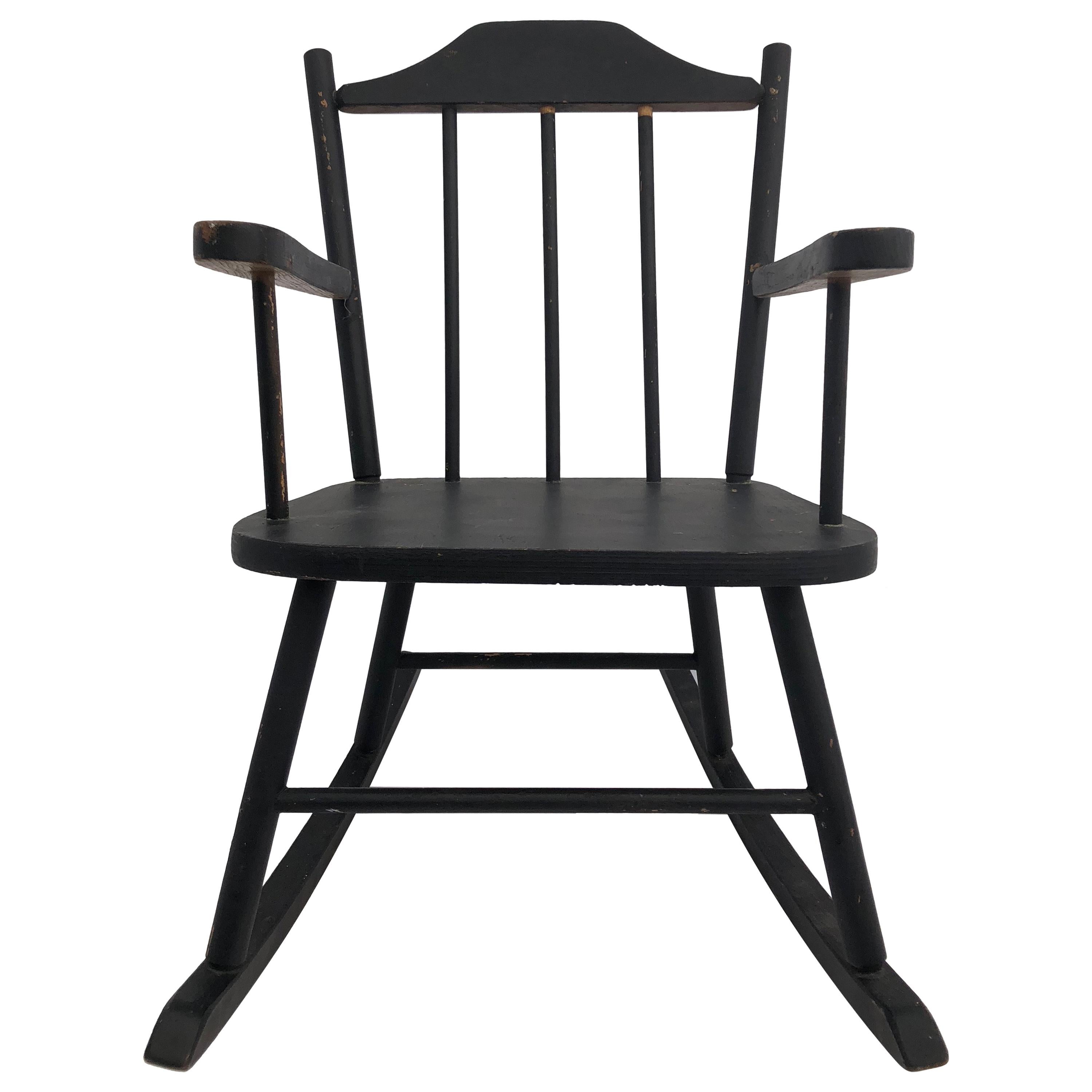 Wooden Child's Rocking Chair with Spindle Back, Painted Black For Sale