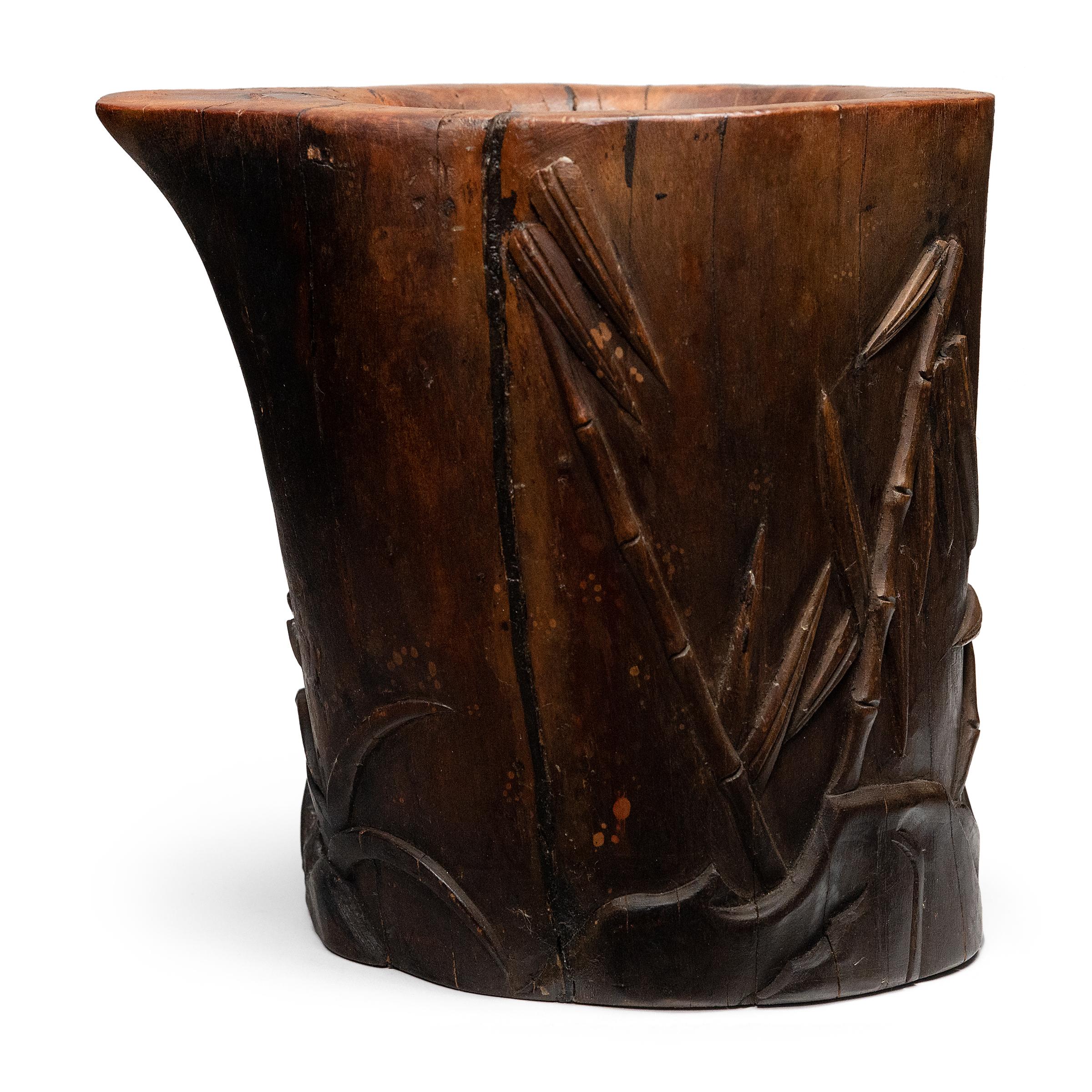 Chinese Export Wooden Chinese Brush Pot with Bamboo Carvings, c. 1900