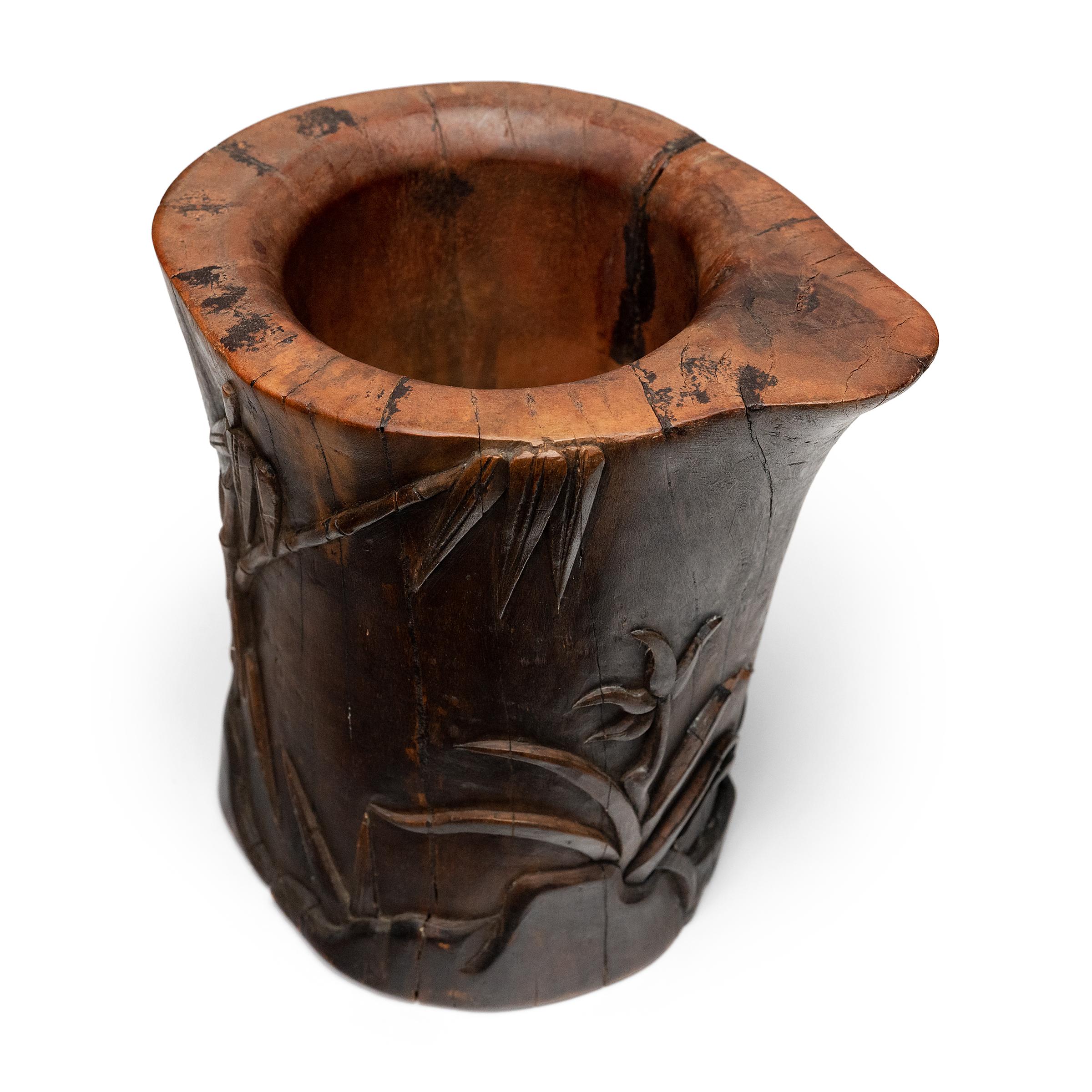 Wooden Chinese Brush Pot with Bamboo Carvings, c. 1900 In Good Condition In Chicago, IL