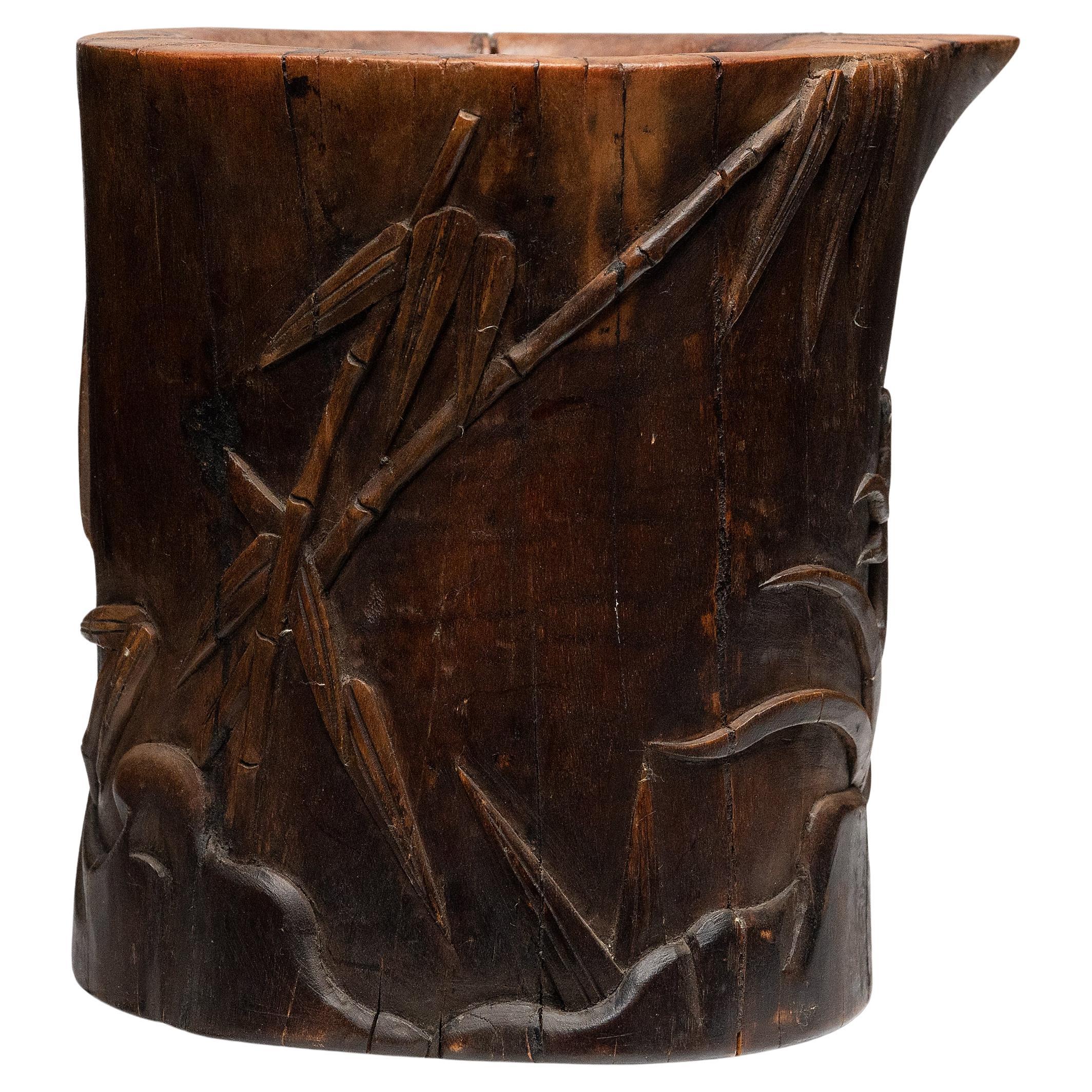 Wooden Chinese Brush Pot with Bamboo Carvings, c. 1900