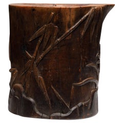 Wooden Chinese Brush Pot with Bamboo Carvings, c. 1900